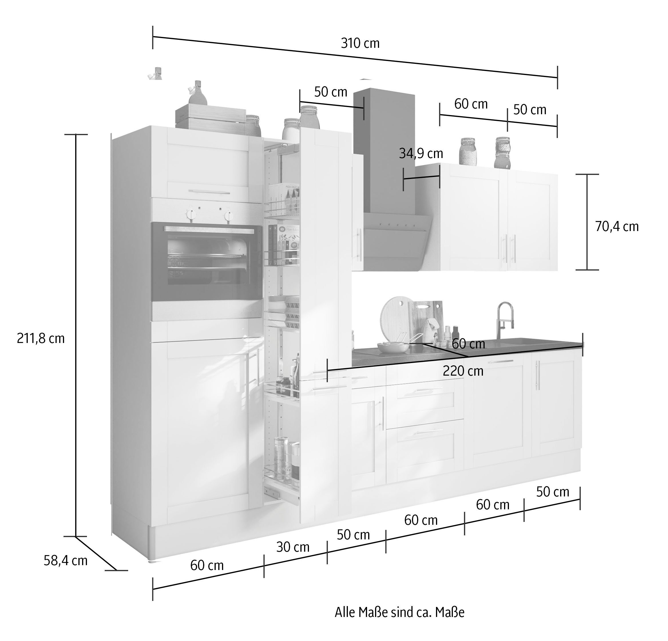 Kochstation Keukenblok KS-Ahus Breedte 310 cm, naar keuze met elektrische apparaten, MDF fronten, softclose functie