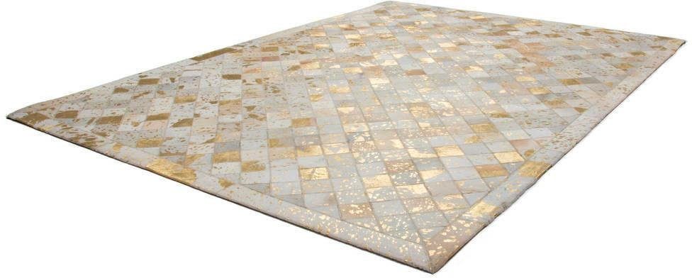 Kayoom Vachtvloerkleed Lavish 210 leren tapijt Patchwork echt leer bont, woonkamer dieren vloerkleden maat 80 cm x 150 cm x 8 mm beige