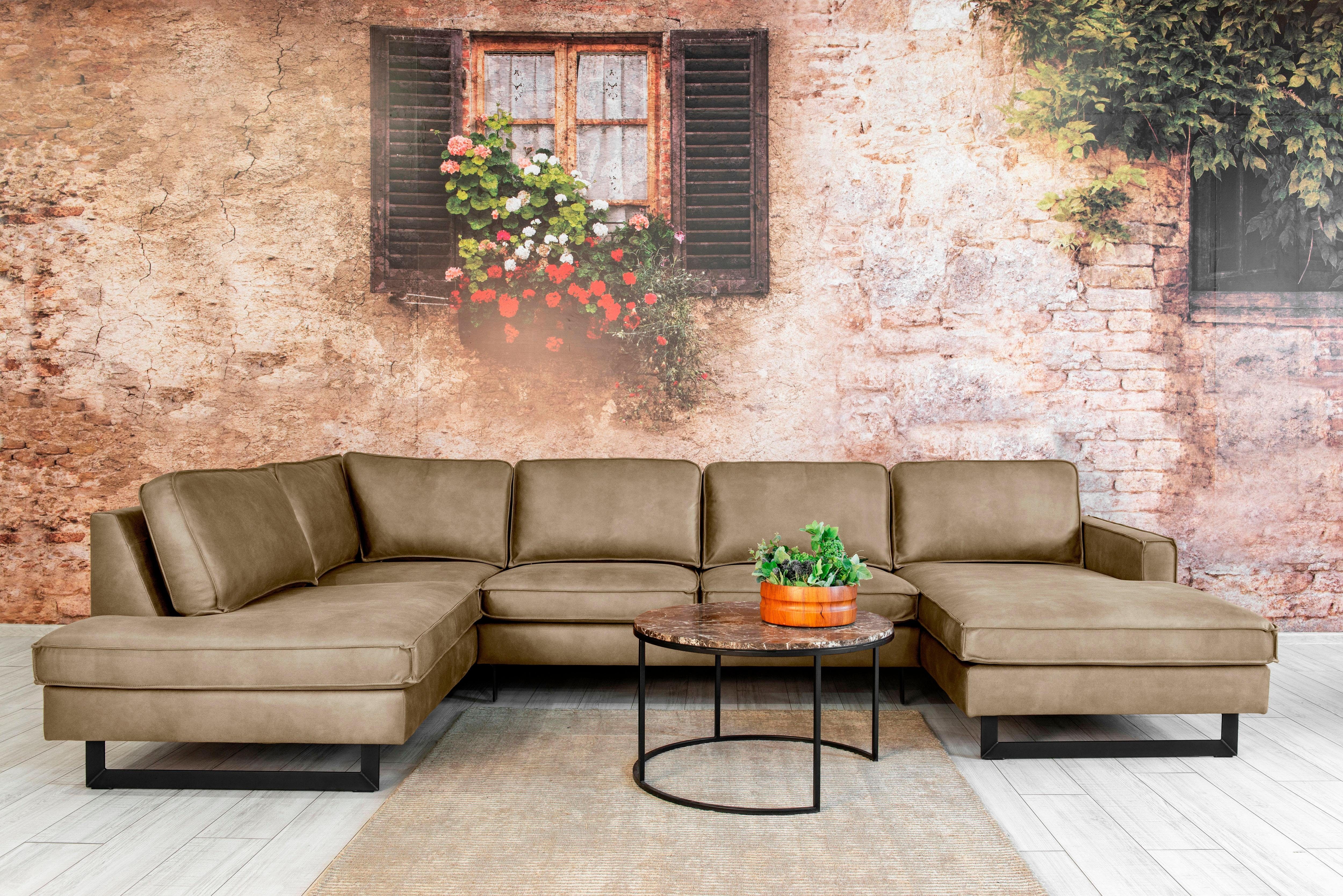 Places of Style Zithoek Pinto, 350 cm, U-vorm, XXL, met ottomanen Cord, fijncord, luxe-microvezel leer en chenille