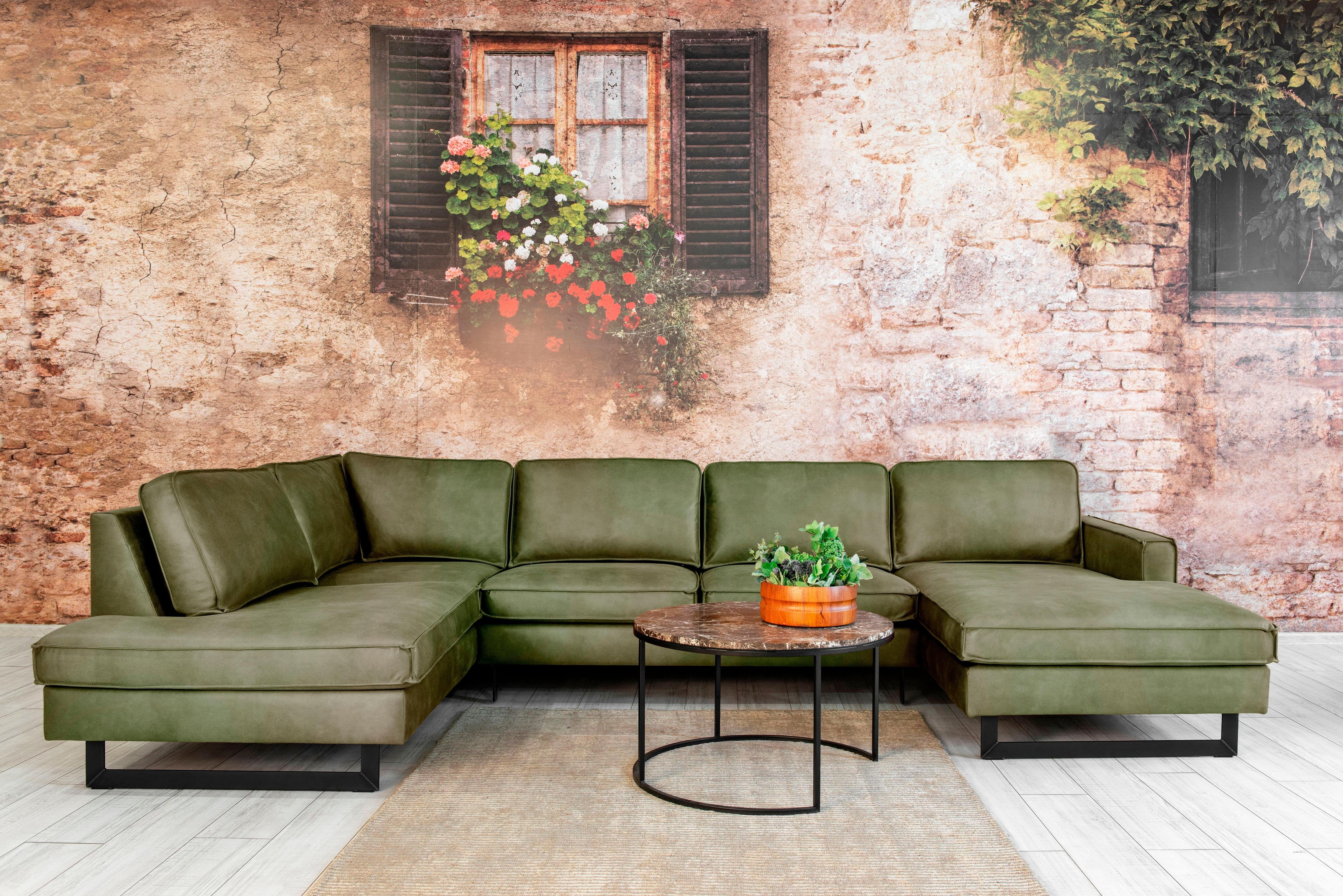 Places of Style Zithoek Pinto, 350 cm, U-vorm, XXL, met ottomanen Cord, chenille, leerlook, met bies, metalen voeten, golfondersteuning