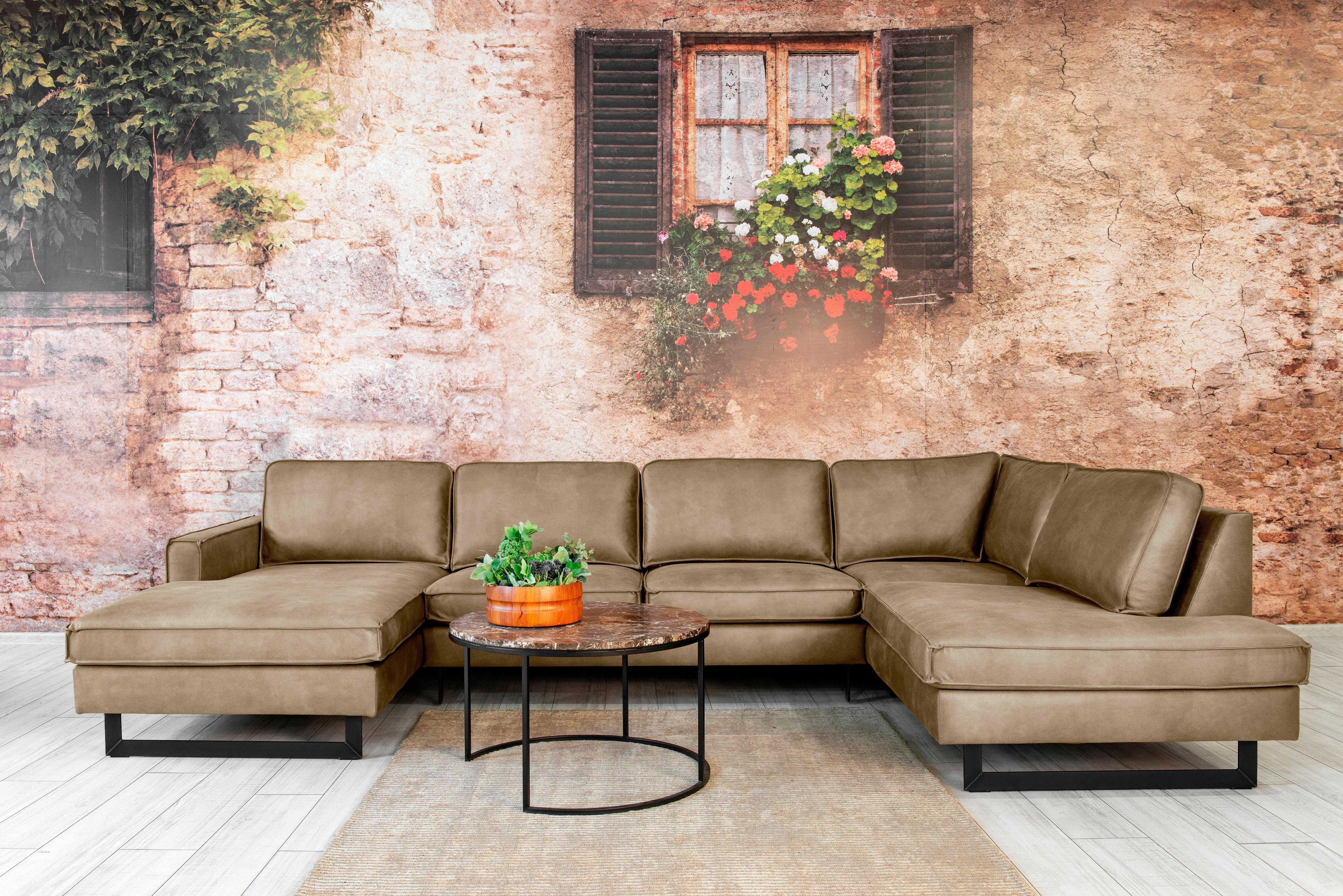 Places of Style Zithoek Pinto, 350 cm, U-vorm, XXL, met ottomanen Cord, chenille, leerlook, met bies, metalen voeten, golfondersteuning