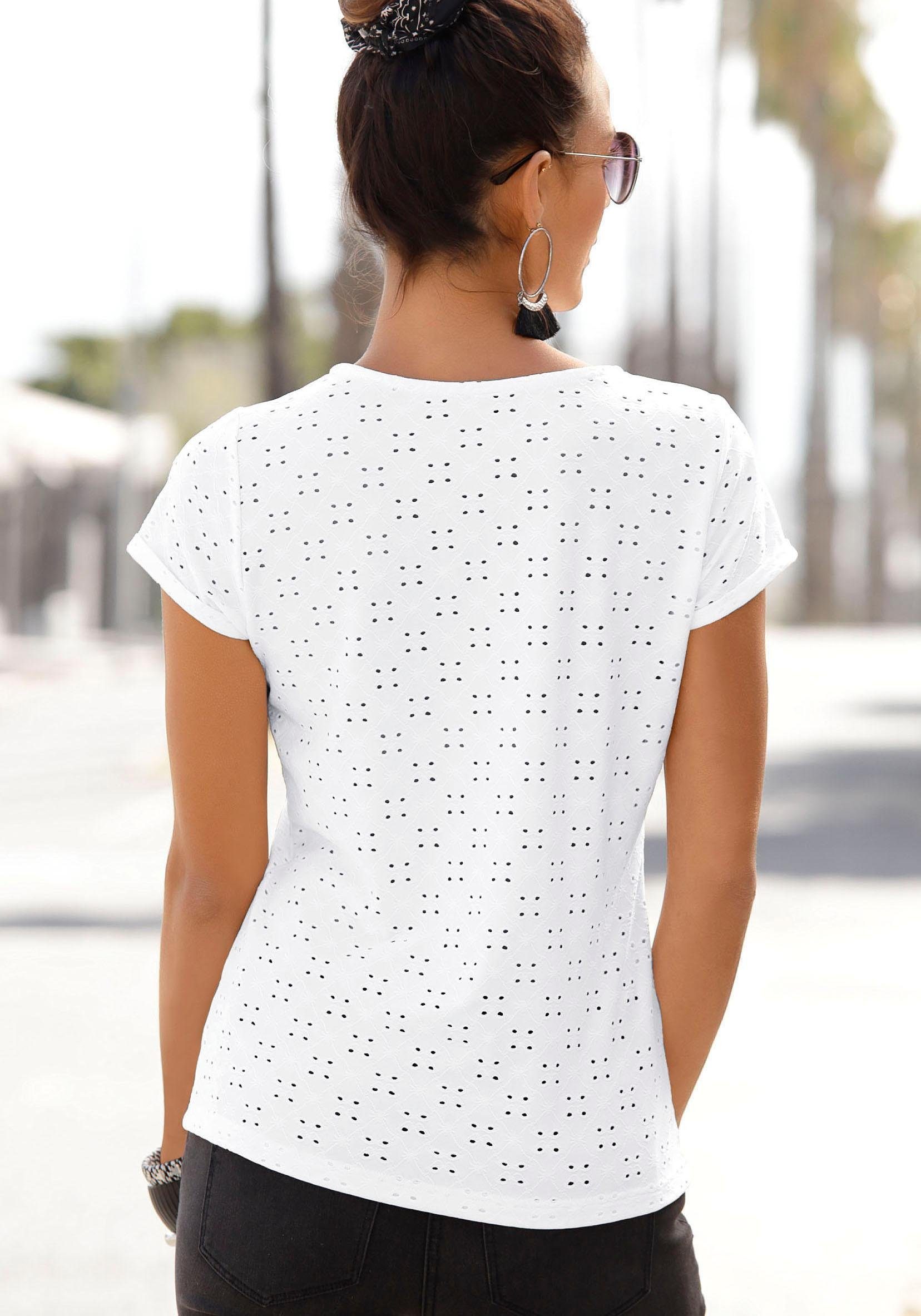 Lascana Strandshirt met geborduurde oogjes, t-shirt, shirt met korte mouwen, basic