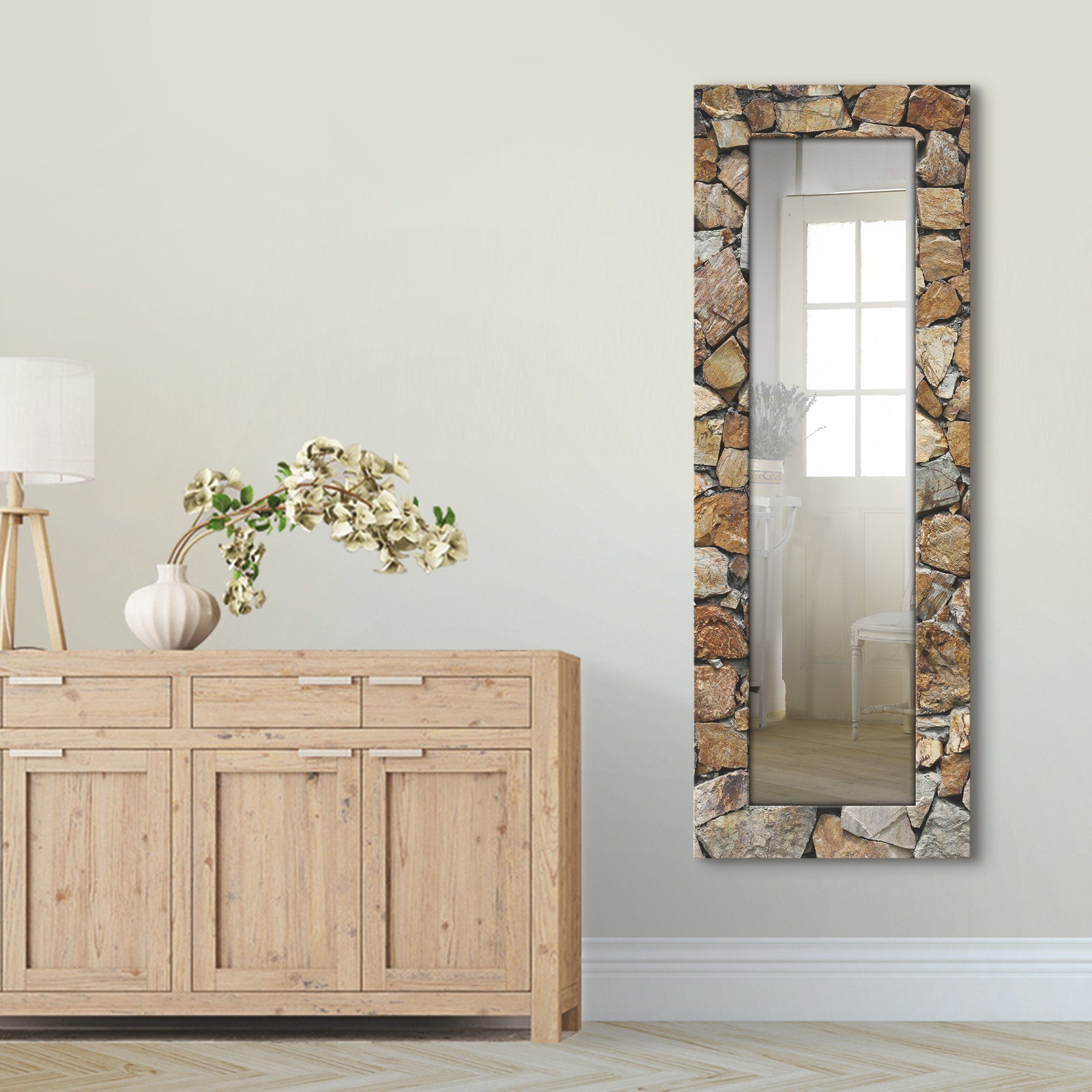 Artland Sierspiegel Bruine stenen muur ingelijste spiegel voor het hele lichaam met motiefrand, geschikt voor kleine, smalle hal, halspiegel, mirror spiegel omrand om op te hangen