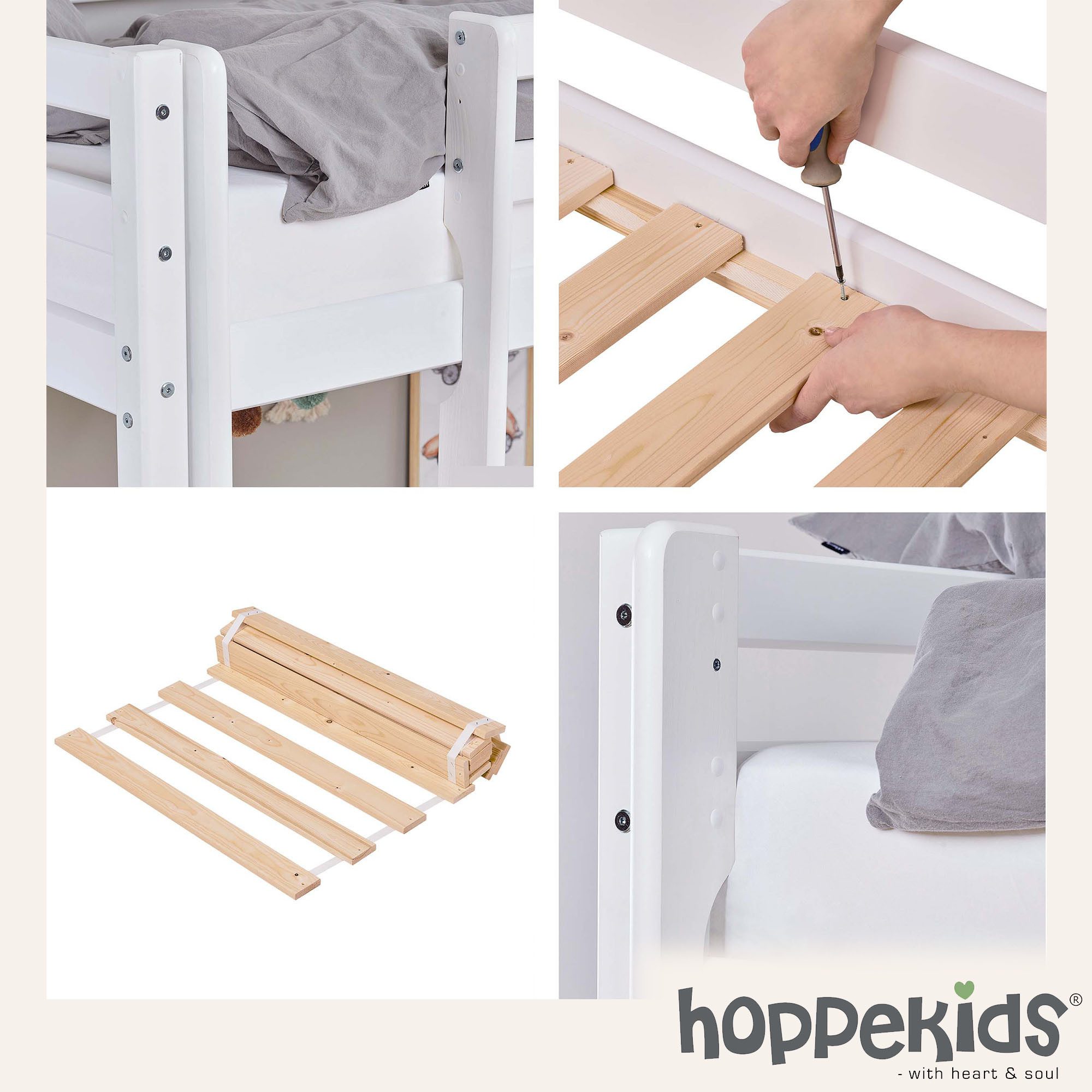 Hoppekids Hoogslaper ECO Dream 90x200 met bureau & loungebank / logeerbed Kinderbed van massief hout, bank uitschuifbaar tot logeerbed
