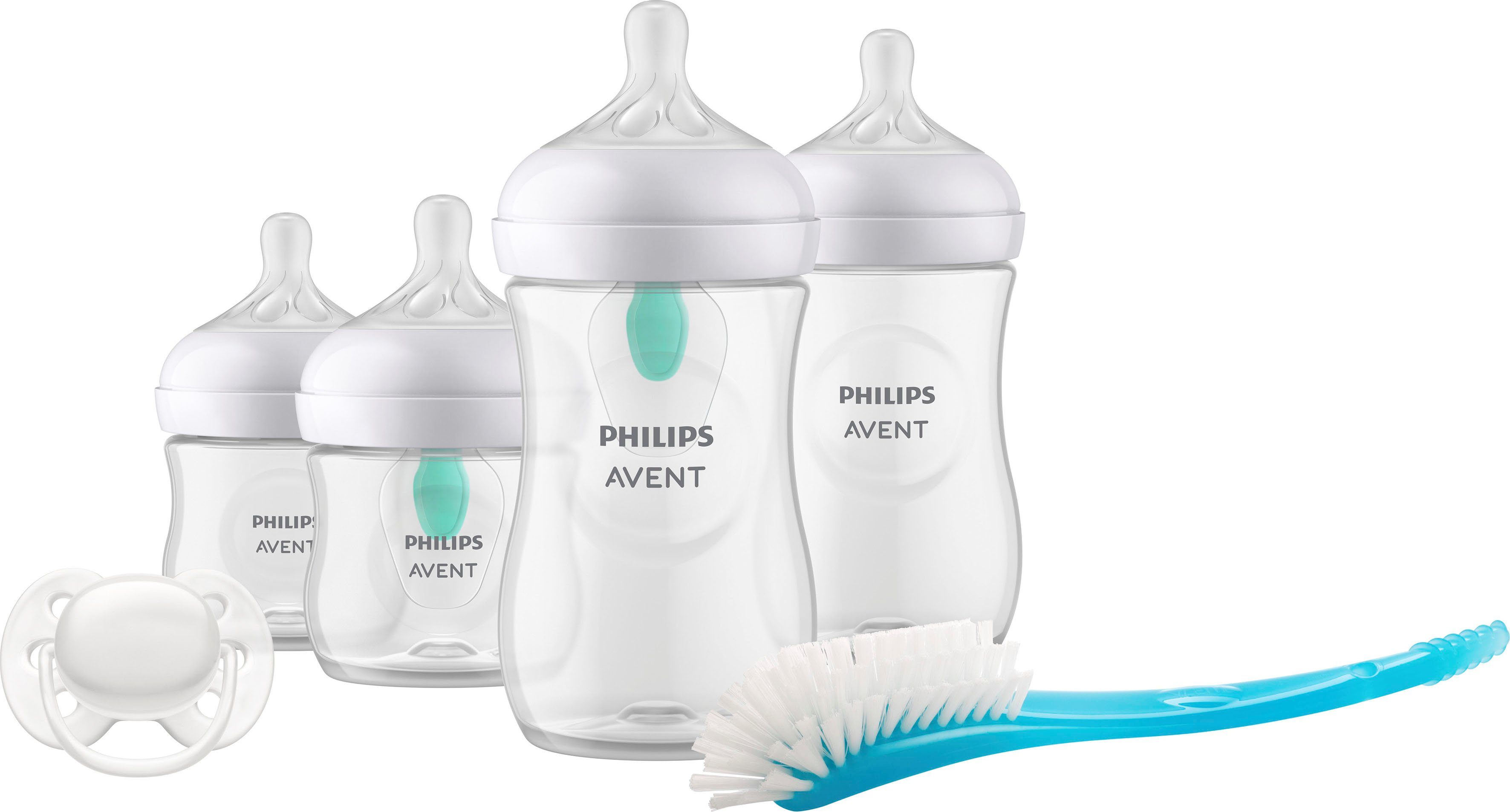 Philips AVENT Babyfles Natural Response Flaschen-Set Air-Free Ventil SCD657/11 4 flessen met airfree-ventiel, ultrazachte fopspeen, flessenborstel