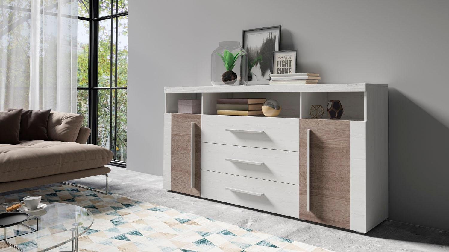 INOSIGN Dressoir Roger, breedte 182 cm, stijlvolle kast, 2 houten deuren 3 laden