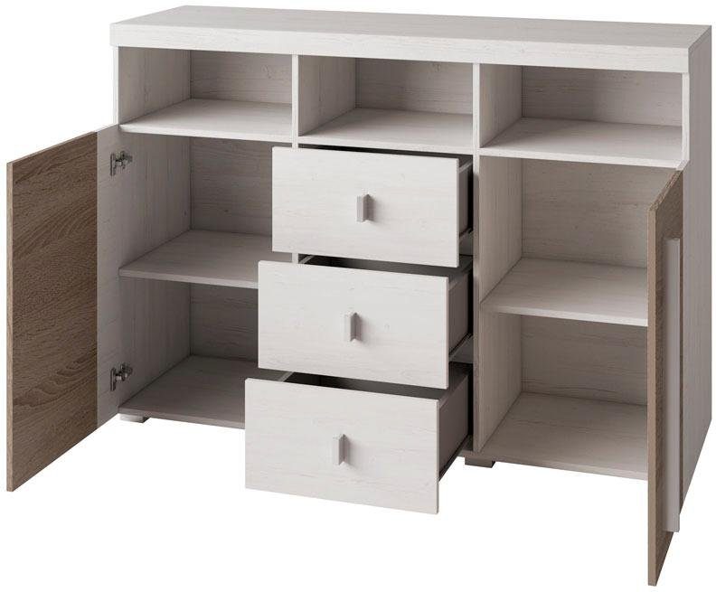 INOSIGN Dressoir Roger, breedte 132cm, stijlvolle kast, 2 houten deuren 3 laden