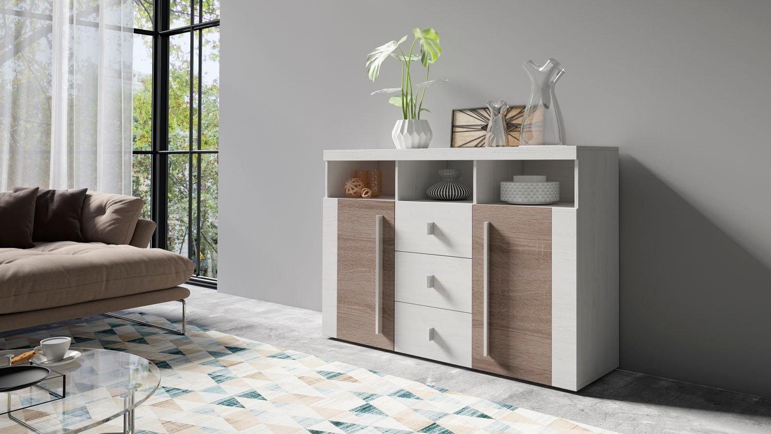 INOSIGN Dressoir Roger, breedte 132cm, stijlvolle kast, 2 houten deuren 3 laden