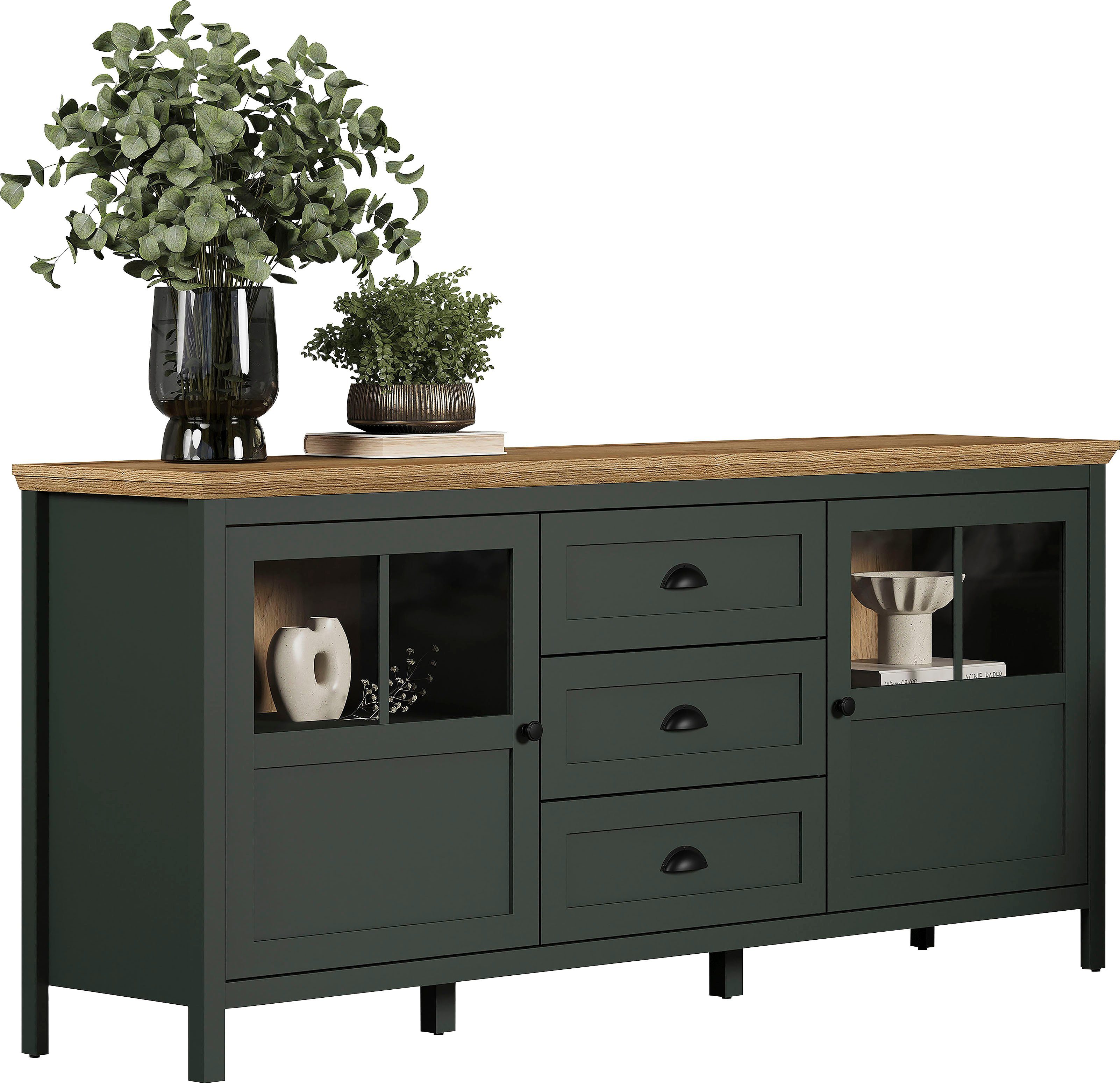 Home affaire Dressoir Vienna Commode in landhuisstijl met schelpenhandgrepen en glazen deuren