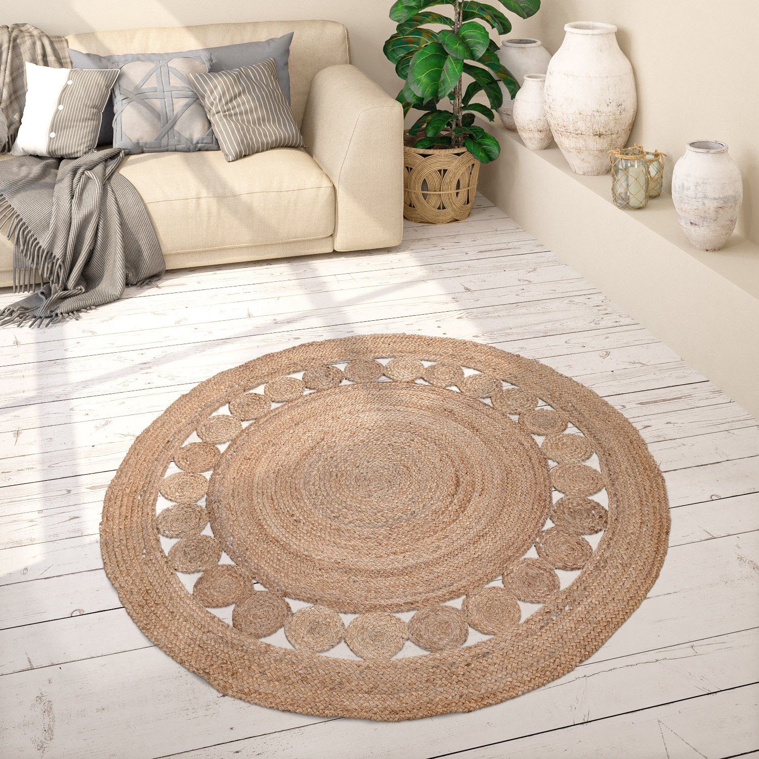 Paco Home Vloerkleed Viborg 593 Jute, modern, boho, etno, met de hand gemaakt vloerkleed van natuurmateriaal moderne vloerkleden maat Ø 80 cm x 13 mm