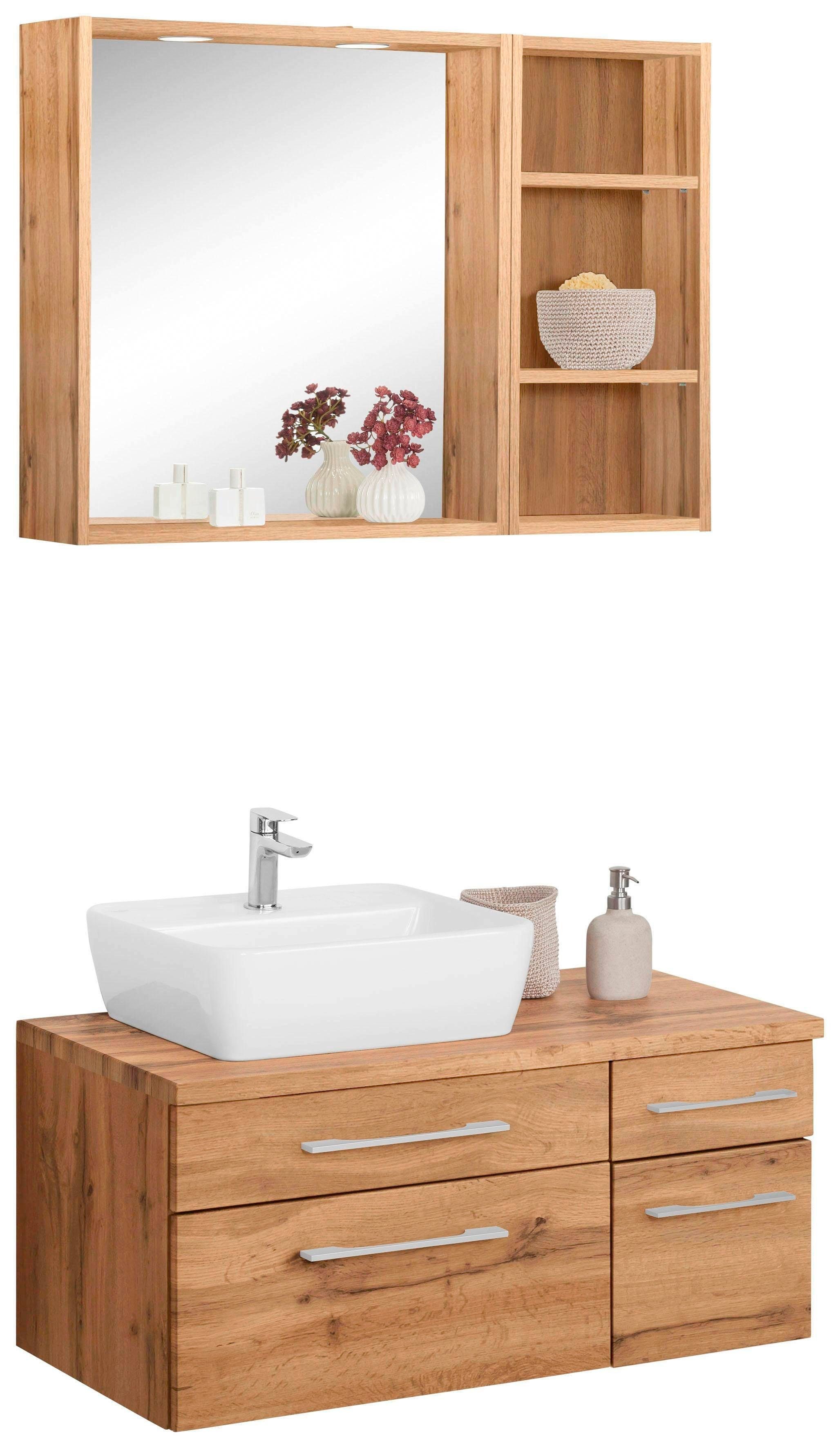 welltime Badkamerserie Davos met 2 touch-led-inbouwspots (3-delig) badmeubelsets bruin