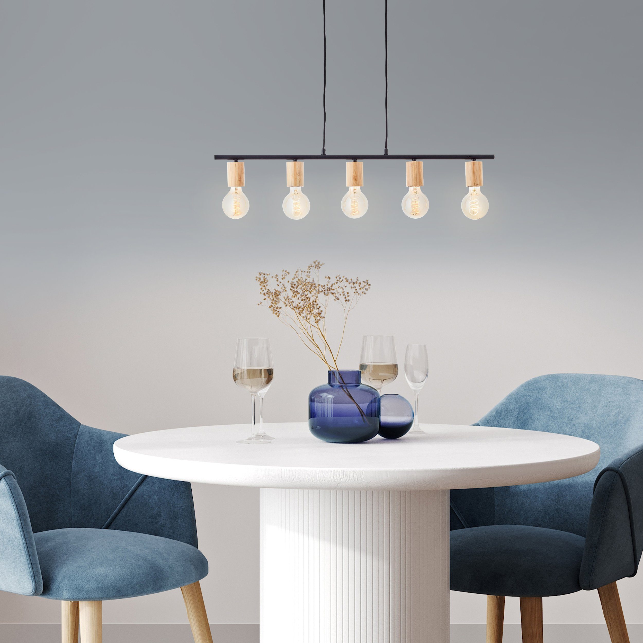 Brilliant Leuchten Hanglamp KERRY 113 x 80 x 5 cm, 5 x e27, inkortbaar, metaal/bamboe, zwart/natuur (1 stuk)