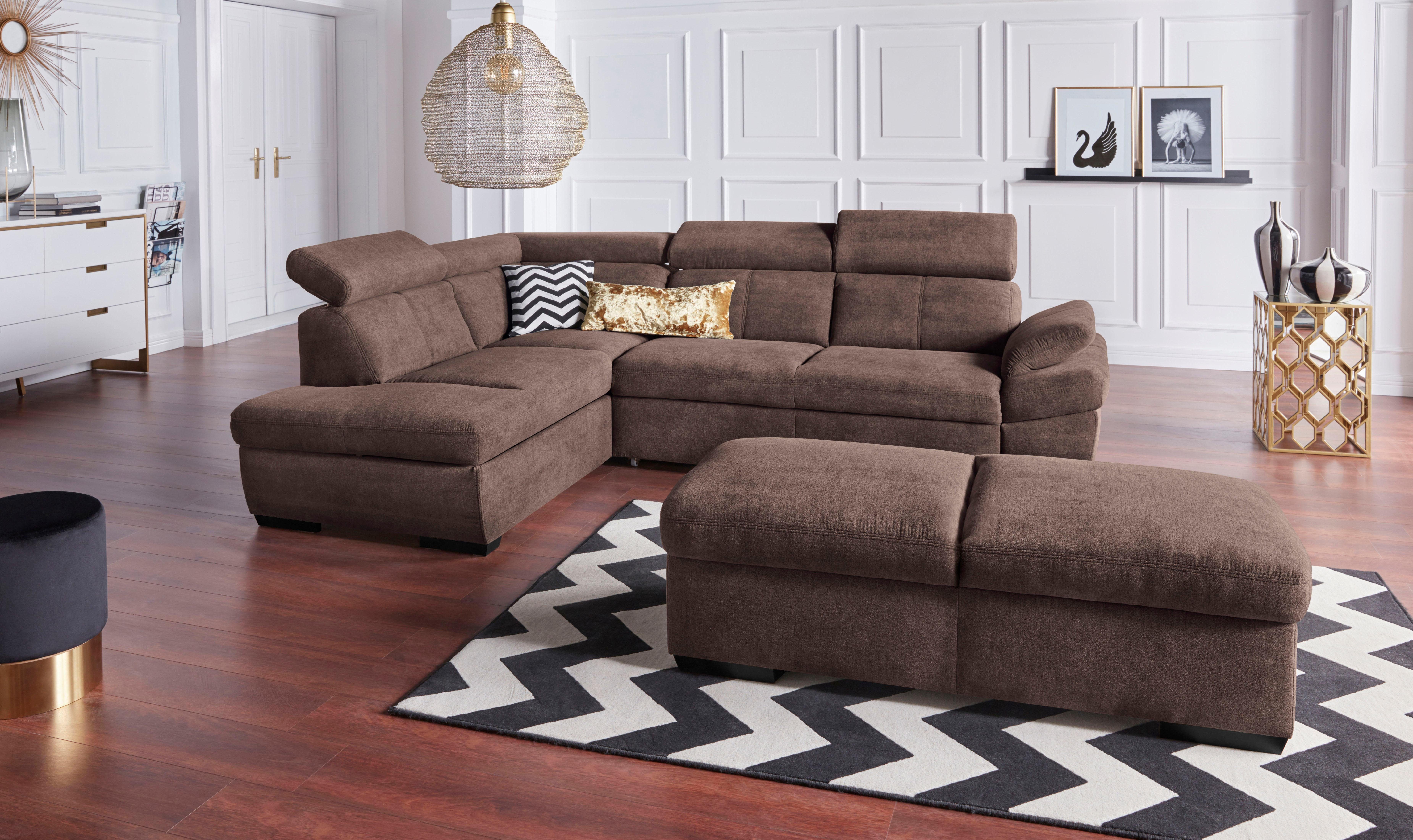 Exxpo - sofa fashion Hoekbank Salerno, klassieke moderne functionele bank, hoog zitcomfort, L-vorm inclusief verstelbare hoofdsteun en armleuning, naar keuze met slaapfunctie