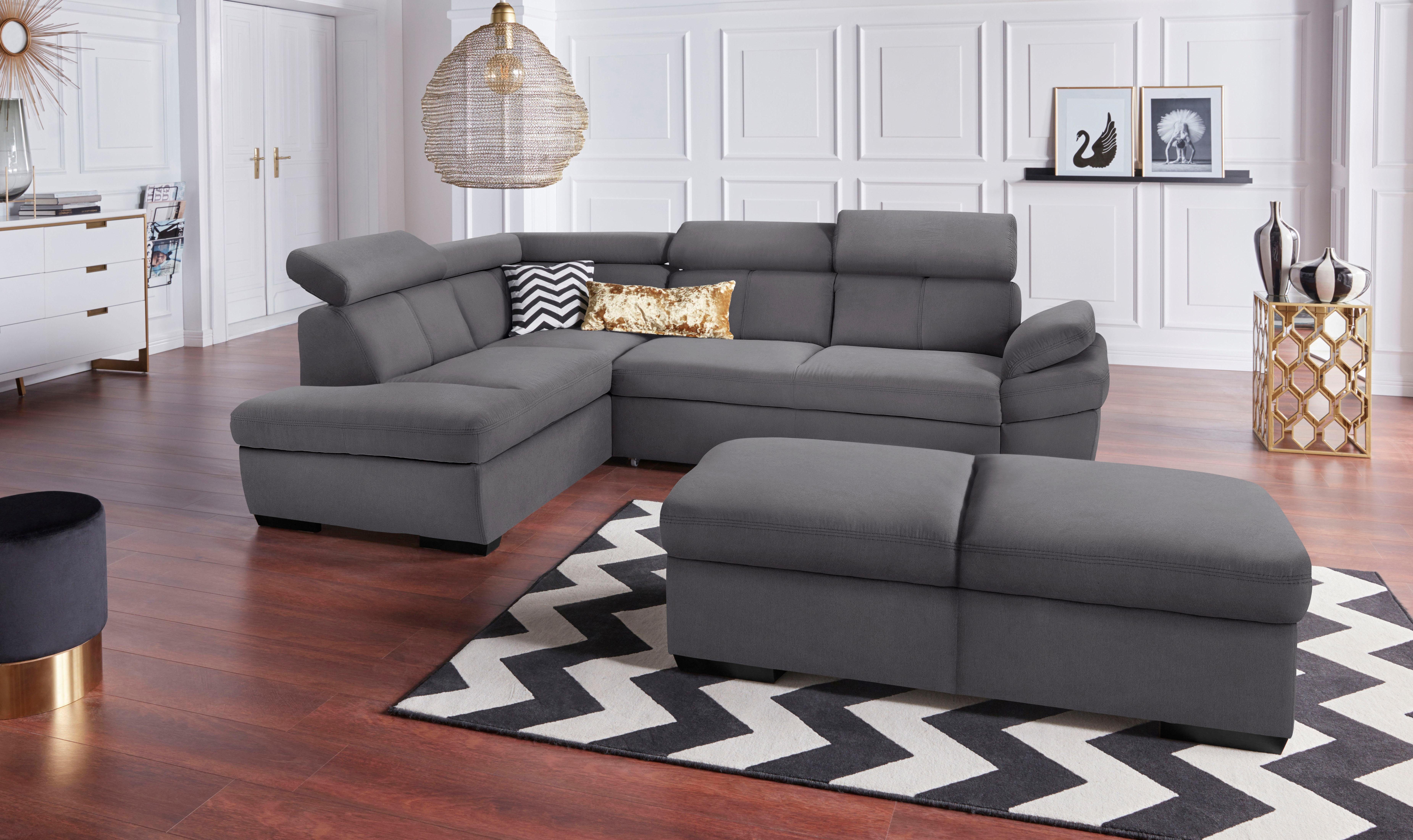 Exxpo - sofa fashion Hoekbank Salerno, klassieke moderne functionele bank, hoog zitcomfort, L-vorm inclusief verstelbare hoofdsteun en armleuning, naar keuze met slaapfunctie