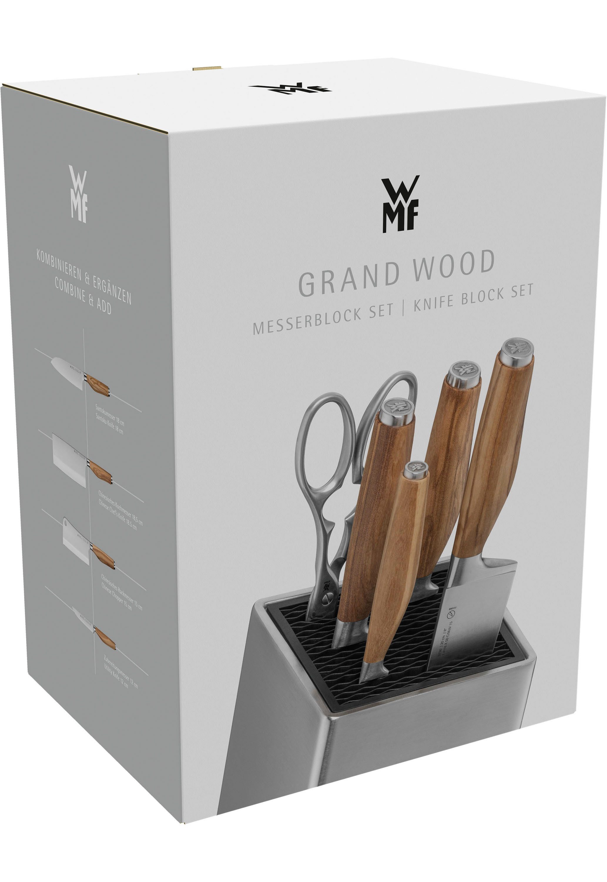 WMF Messenblok Grand Wood 6-delig, olijfhouten handvaten, speciaal snijstaal, perfect uitgebalanceerd (set, 6-delig)
