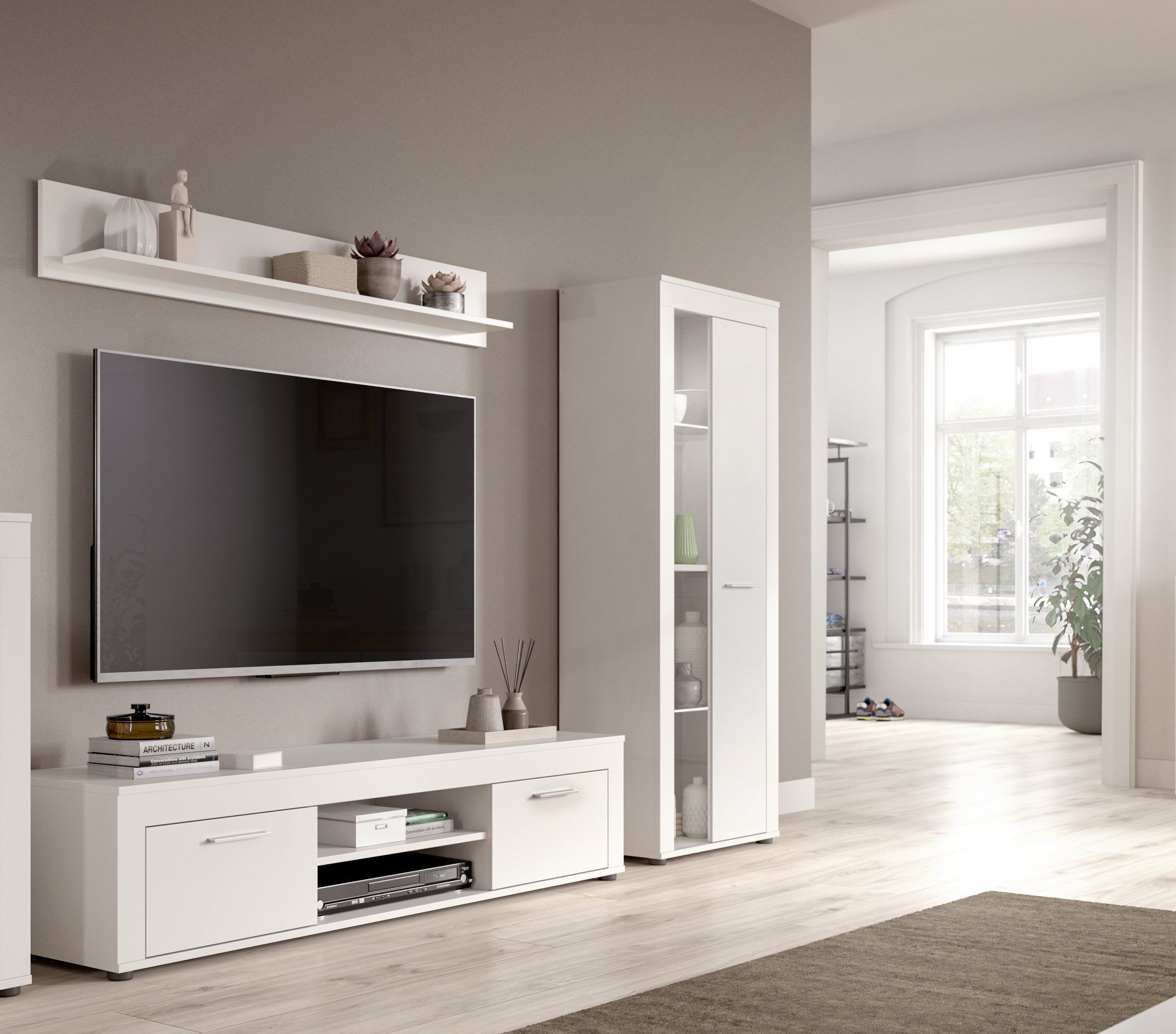 INOSIGN Wandmeubel Aosta, Breedte 235cm, bestaand uit Lowboard, Wandplank, Vitrine Woonwand, combinatie, opbouwwand, meubelset, kastwand, meubelcombi (3-delig)
