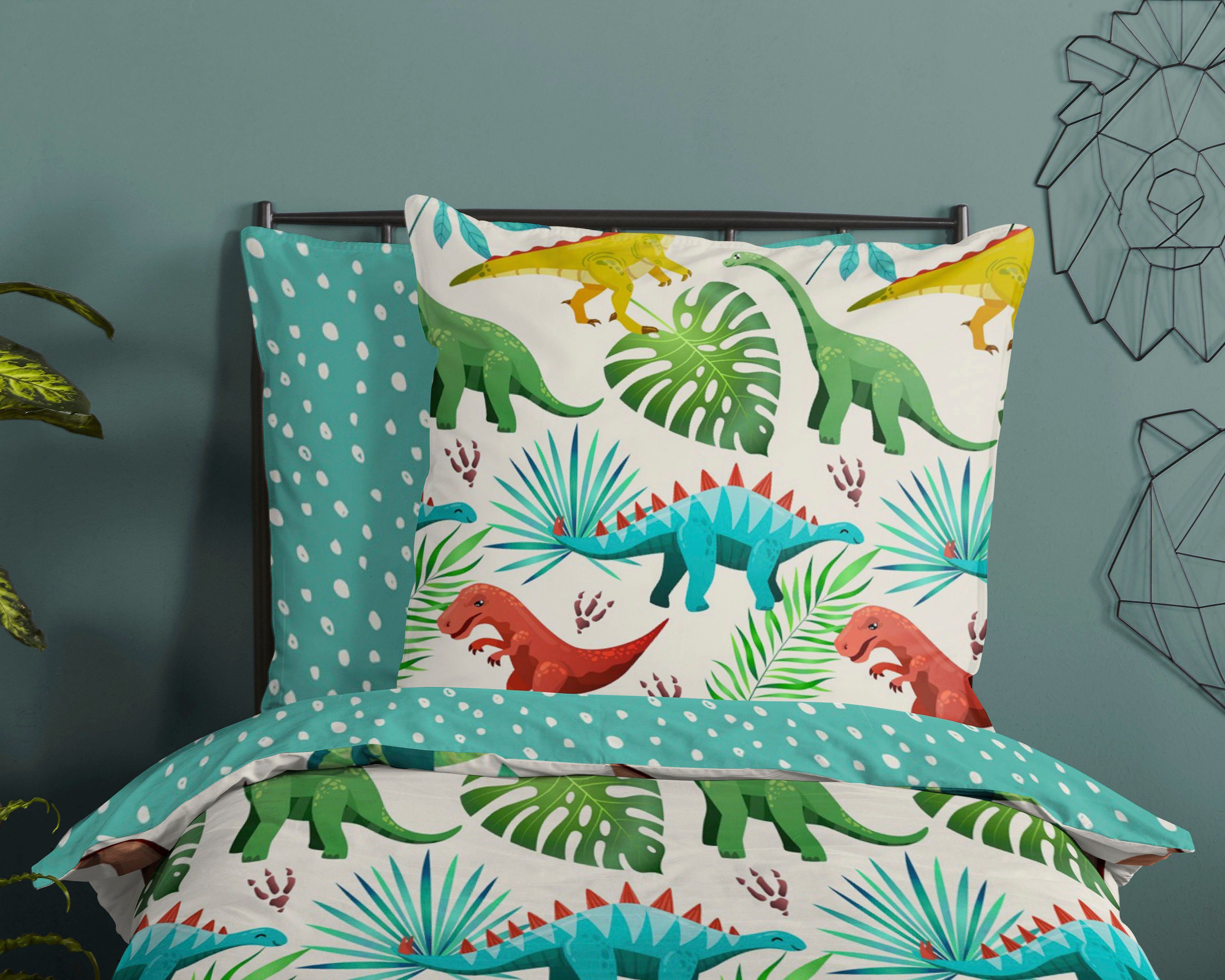 good morning Kinderovertrekset Dynos Katoen, 135x200, Rits, Omkeerbaar, Kind, Jongens, Dinosaurus Groen (2-delig)