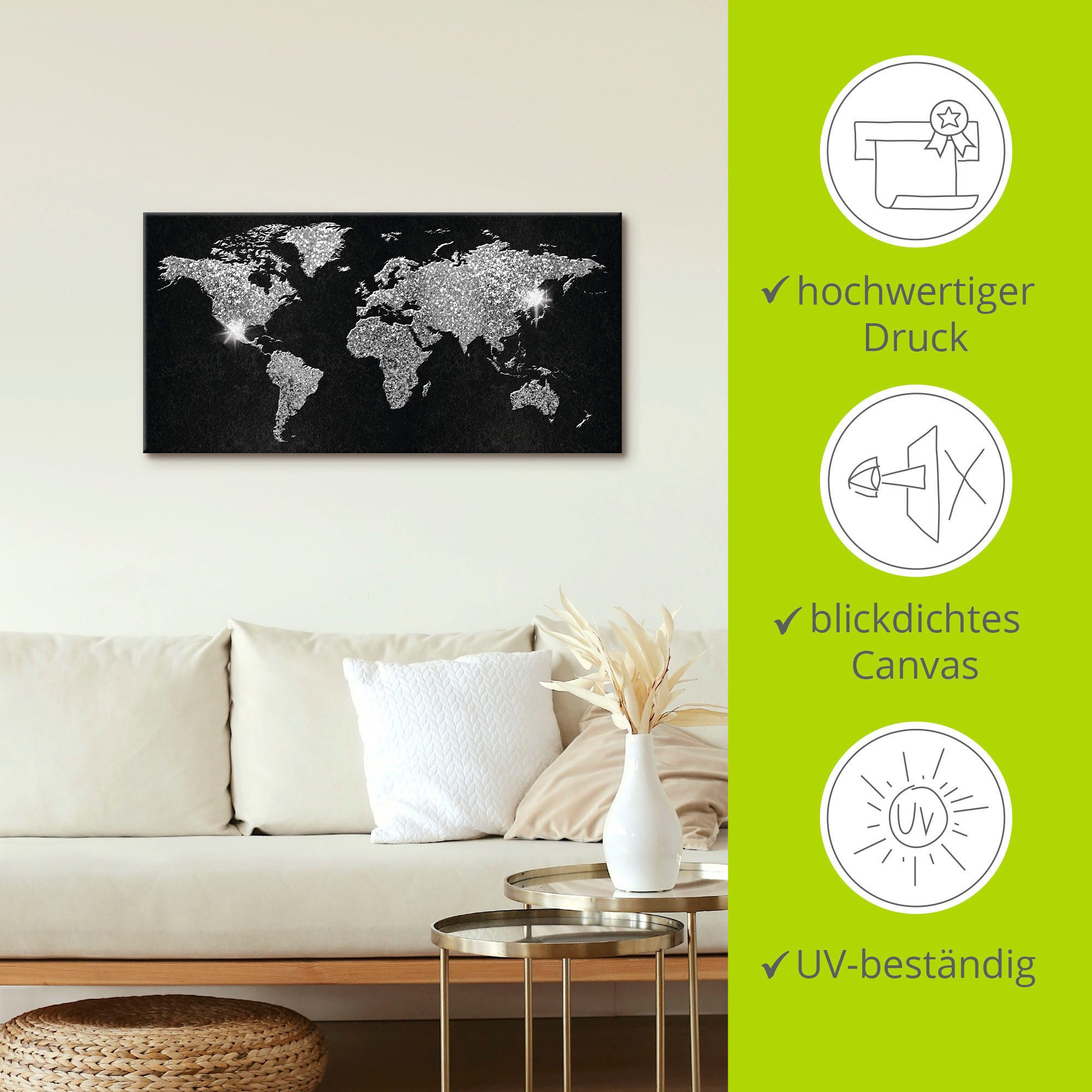 Artland Artprint Wereldkaart glitter als artprint van aluminium, artprint voor buiten, artprint op linnen, poster, muursticker