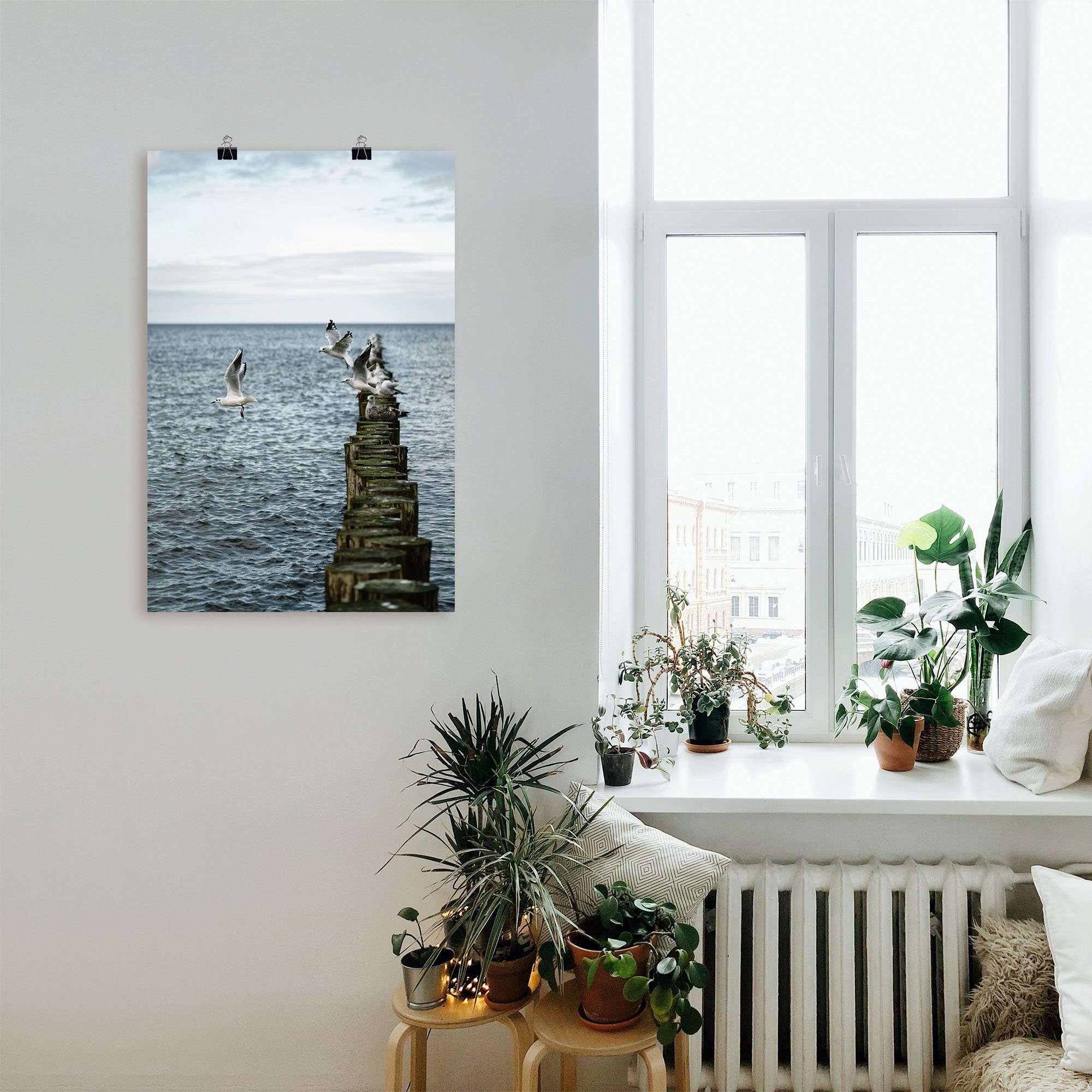 Artland Artprint Möwen starten von einer Buhnenreihe als artprint van aluminium, artprint voor buiten, poster in diverse formaten