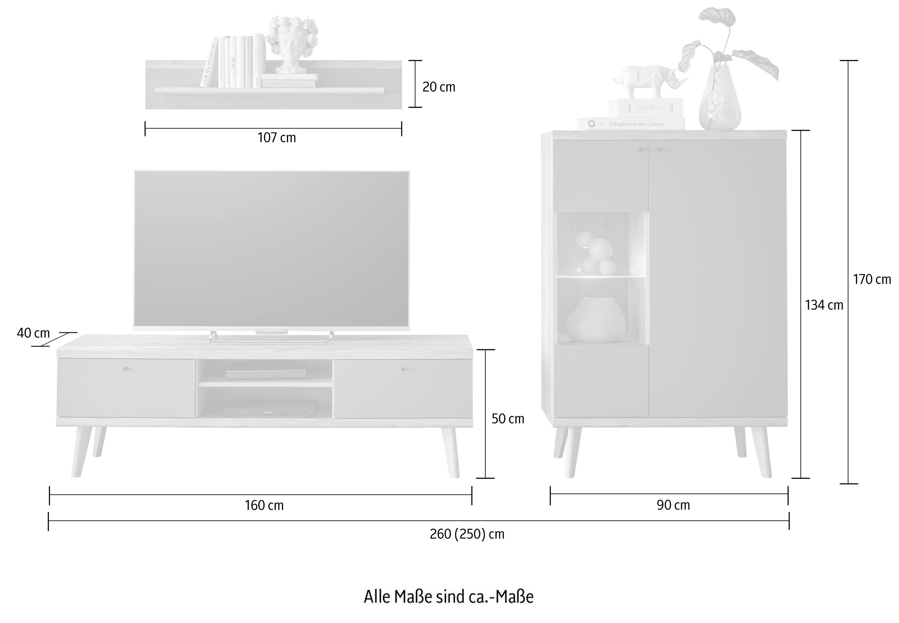 INOSIGN Wandmeubel MAVAS in moderne trendkleur, handgrepen van metaal (zwart), breedte 260 cm (set, 3-delig)
