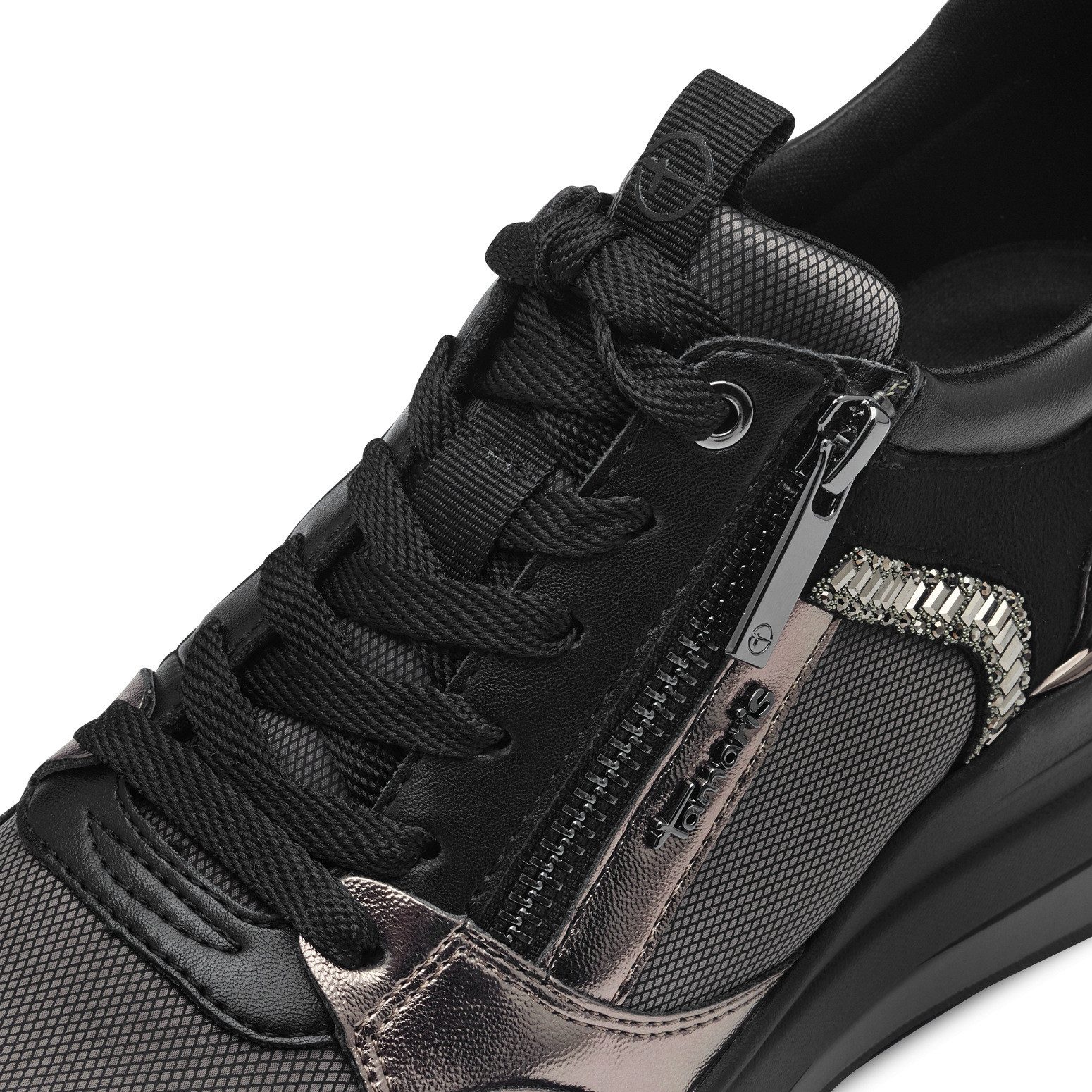 Tamaris Sneakers met sleehak vrijetijdsschoen, lage schoen, veterschoen met sierstenen