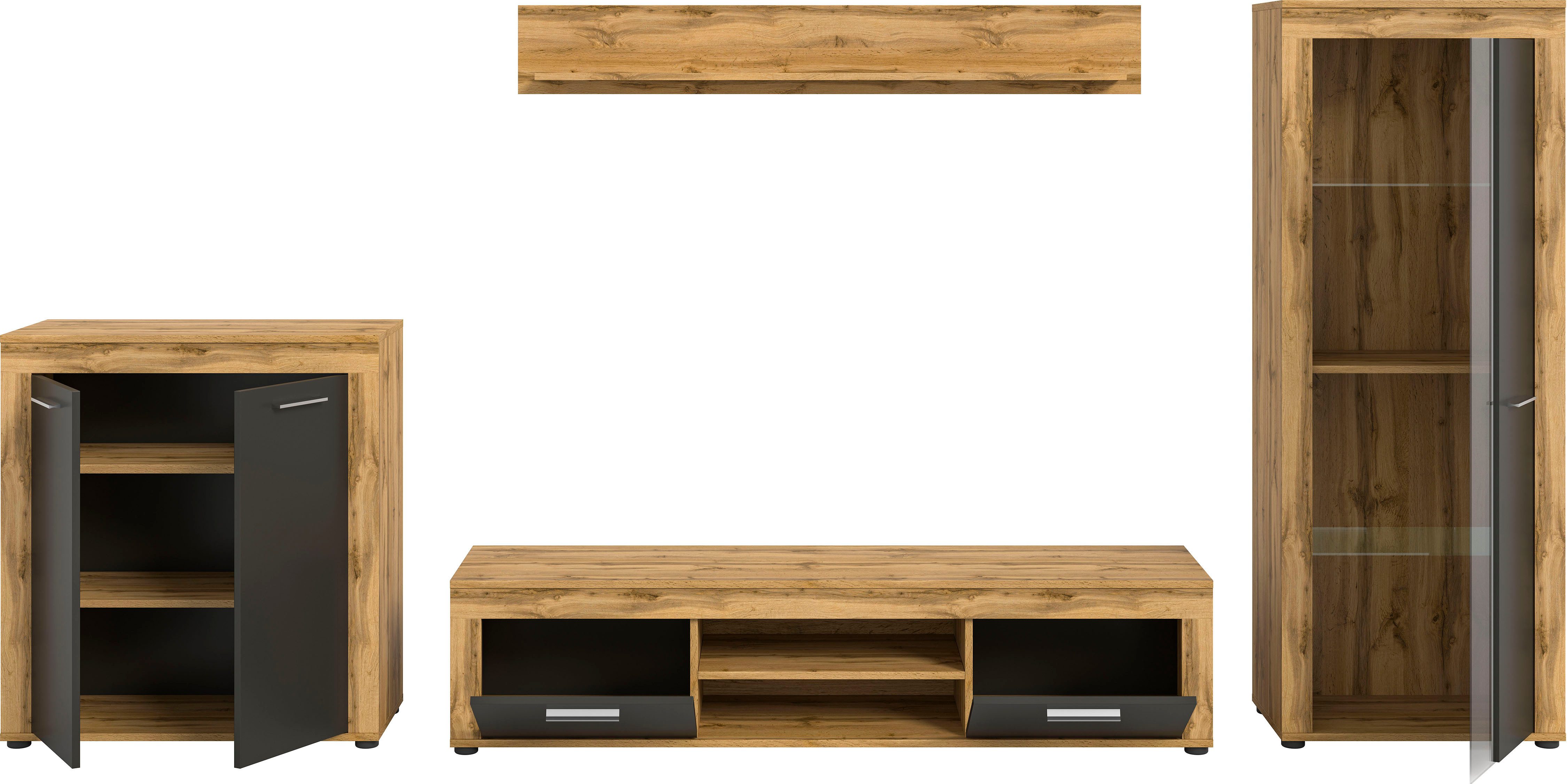 INOSIGN Wandmeubel Aosta, Breedte 330cm, bestaand uit Highboard, Lowboard, Wandplank, Vitrine (4 stuks)