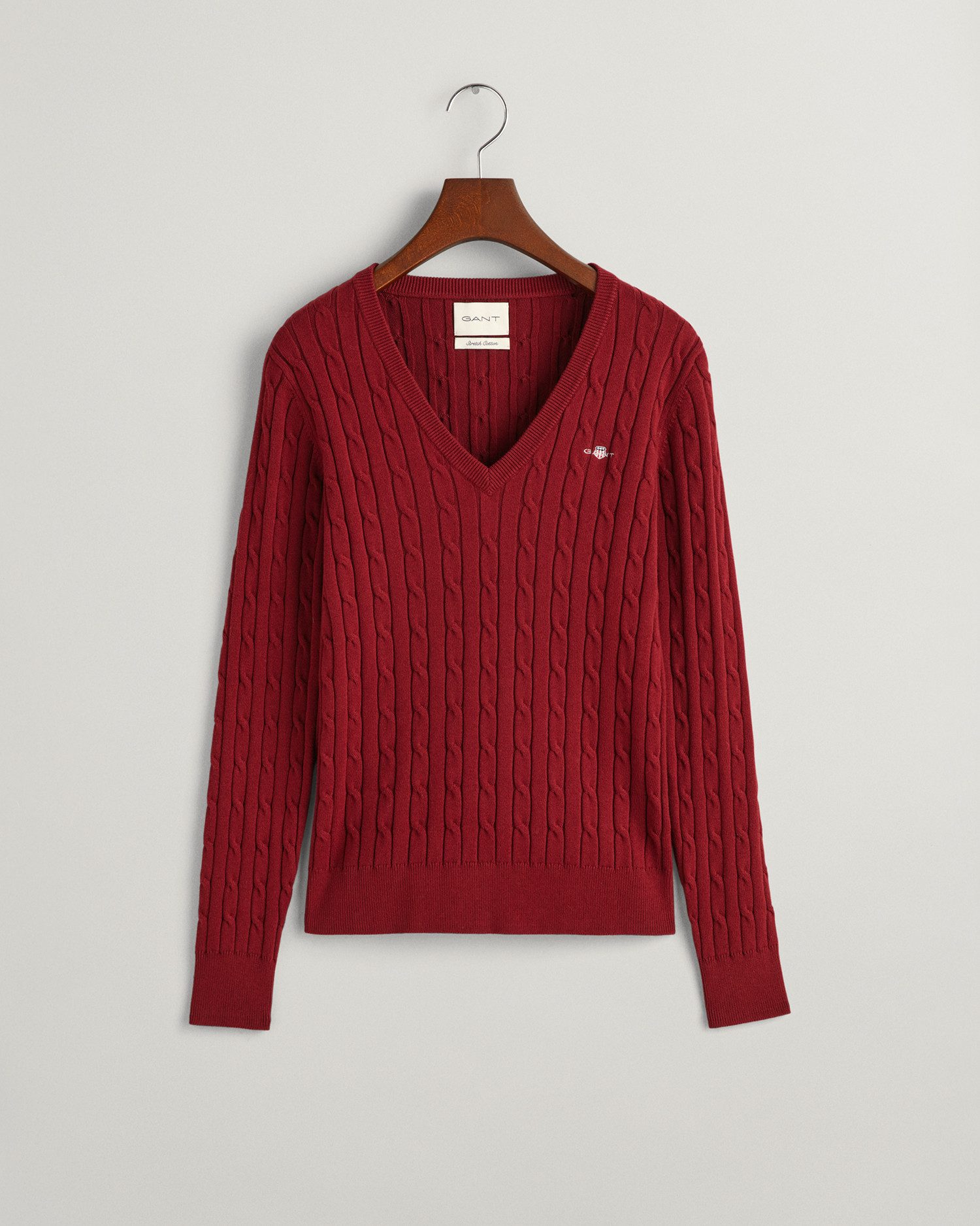 Gant Gebreide trui STRETCH COTTON CABLE V-NECK met logoborduursel op borsthoogte