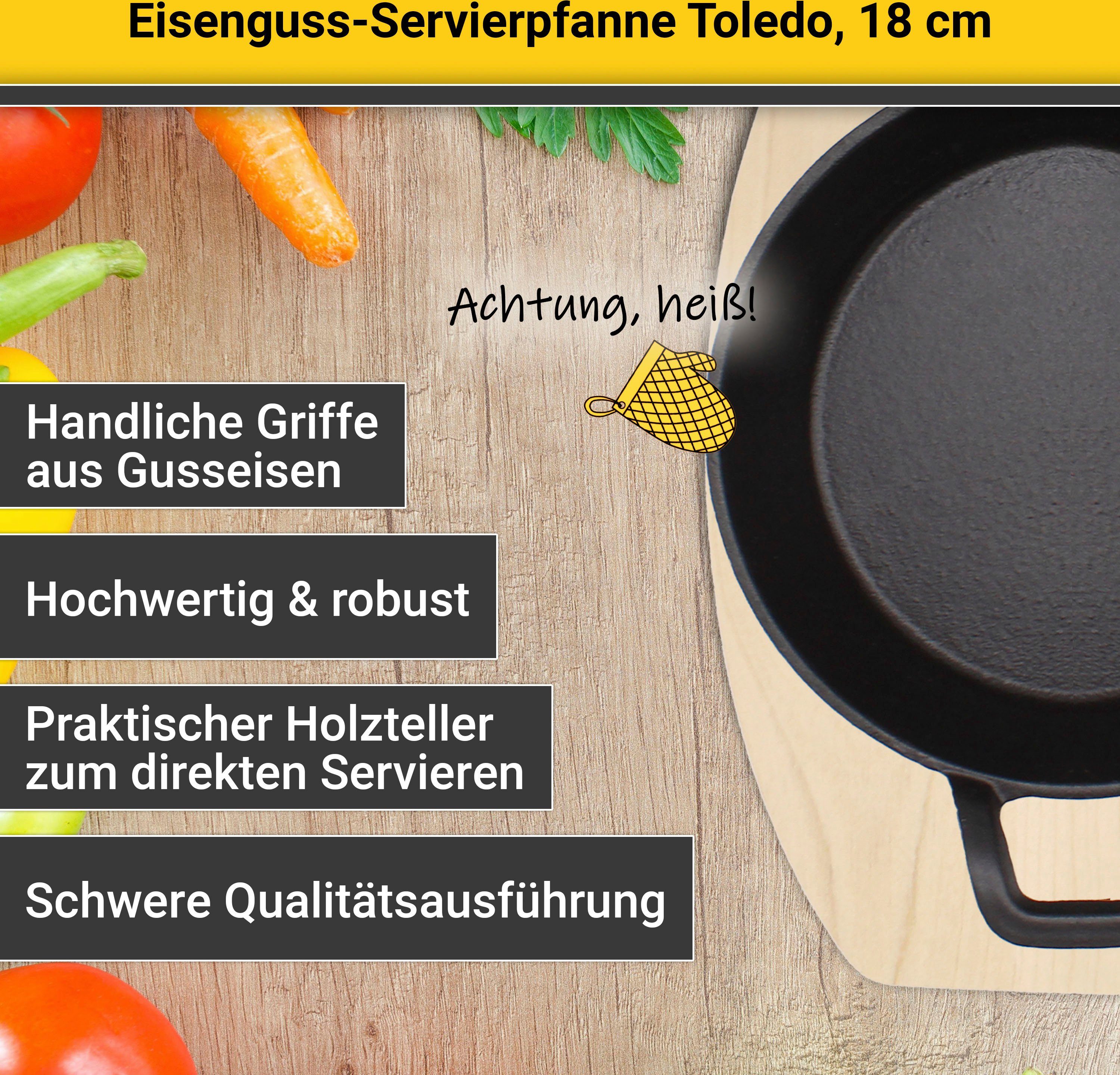 Krüger Serveerpan Gietijzeren braad- en serveerpan met houten bord TOLEDO, 18 cm (1-delig)