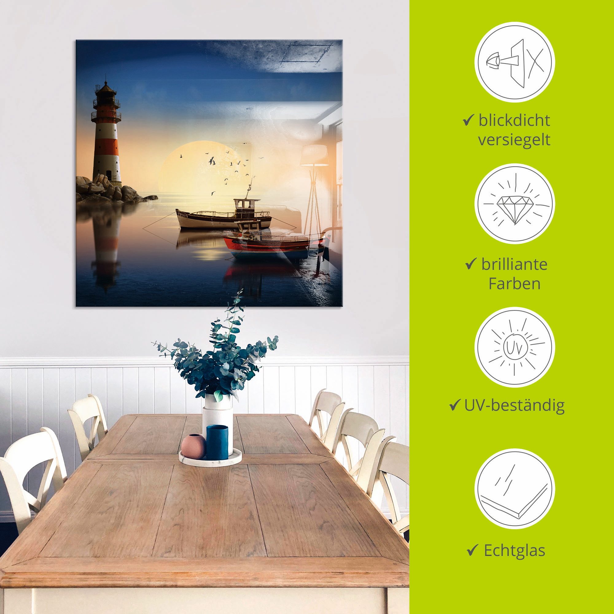 Artland Print op glas Kleine haven met vuurtoren