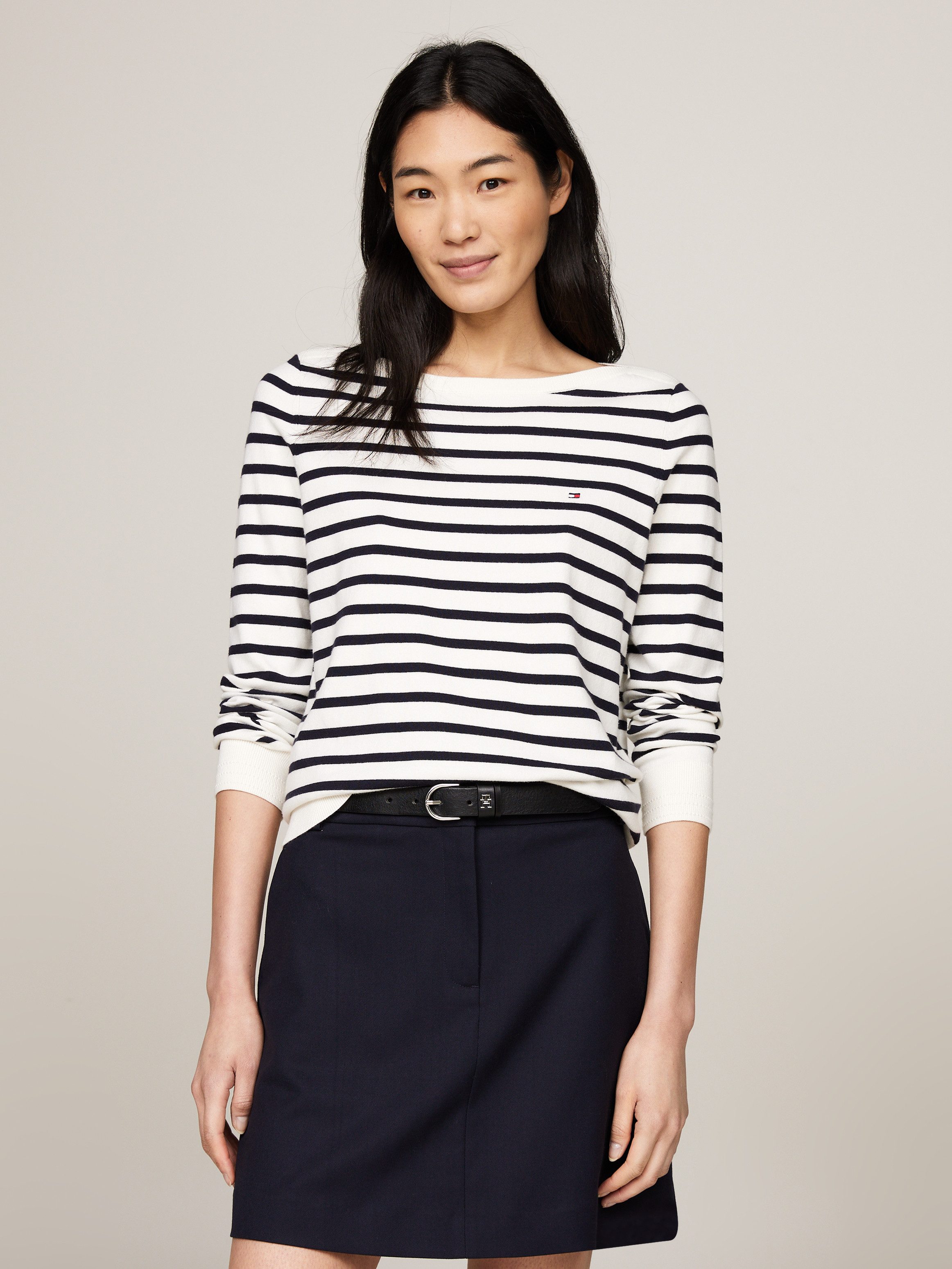 Tommy Hilfiger Gebreide trui CO JERSEY STITCH BOAT-NK SWEATER met -merklabel op de mouw