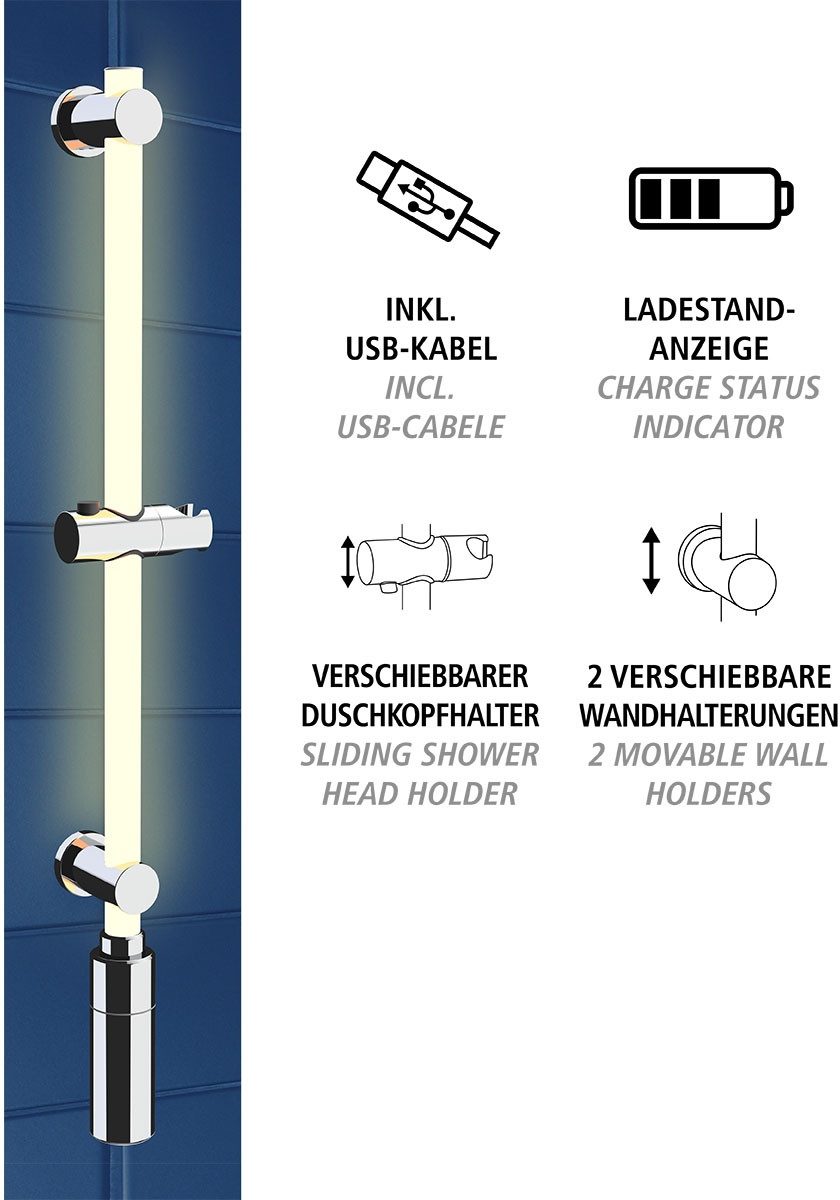 WENKO Douchestang met ledverlichting Lengte: 74 cm, warmwit, inclusief oplaadbare eenheid