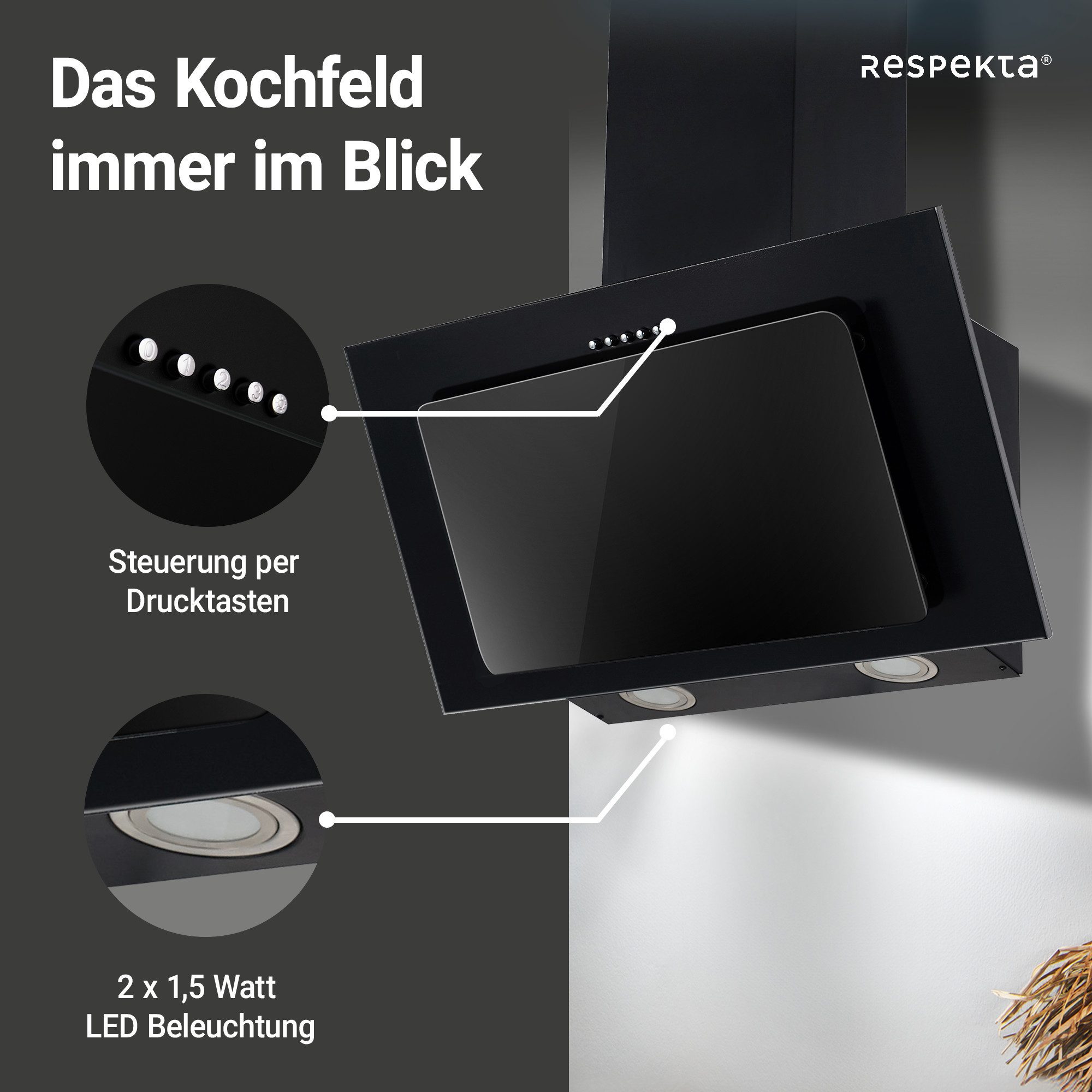 RESPEKTA Schuine wandkap CH 33060 60 cm, 3 vermogensniveaus, led-verlichting, geschikt voor afzuiging en recirculatie