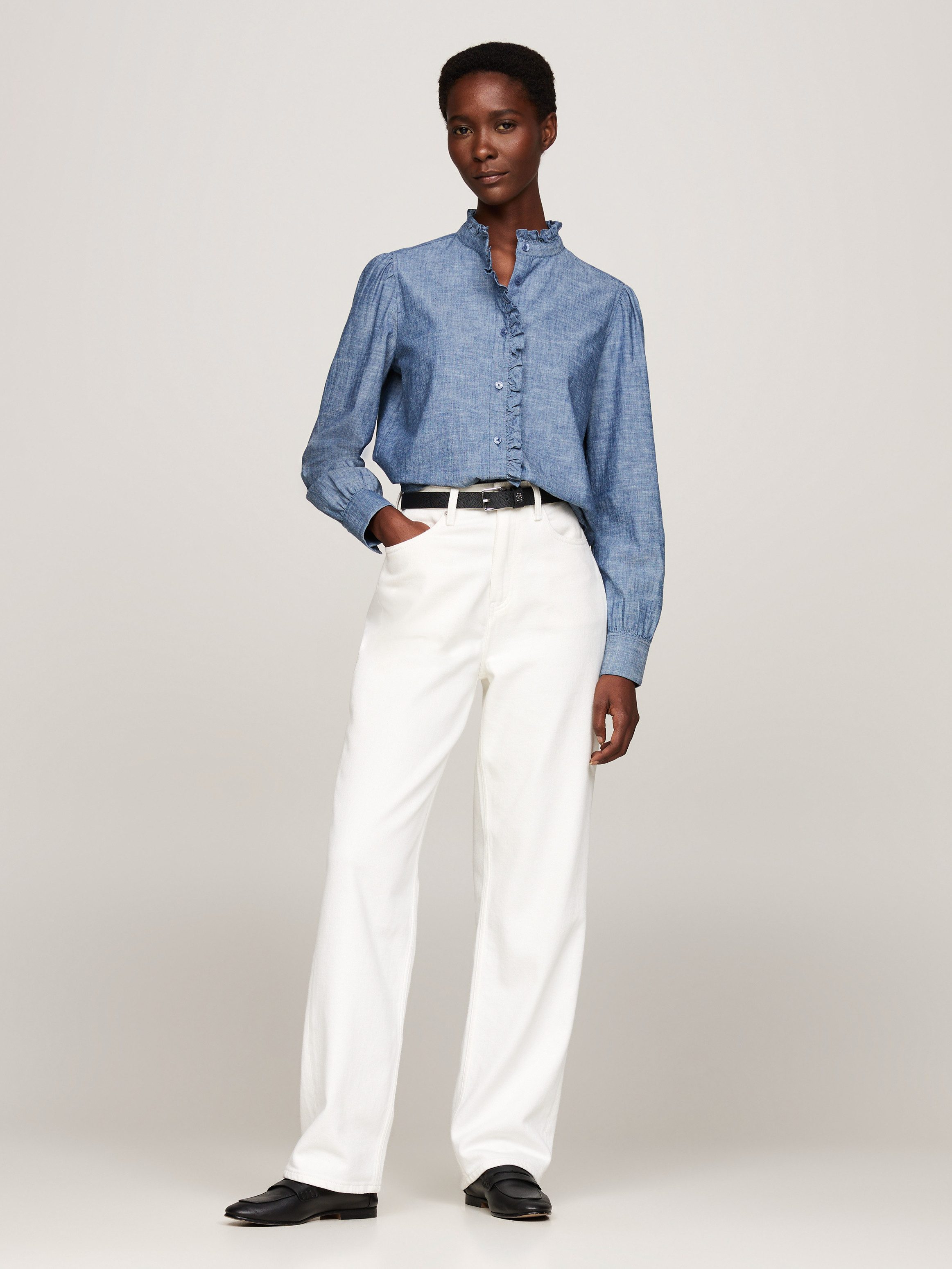 Tommy Hilfiger Shirtblouse CHAMBRAY RUFFLE RELAXED SHIRT met ruches chambray kwaliteit