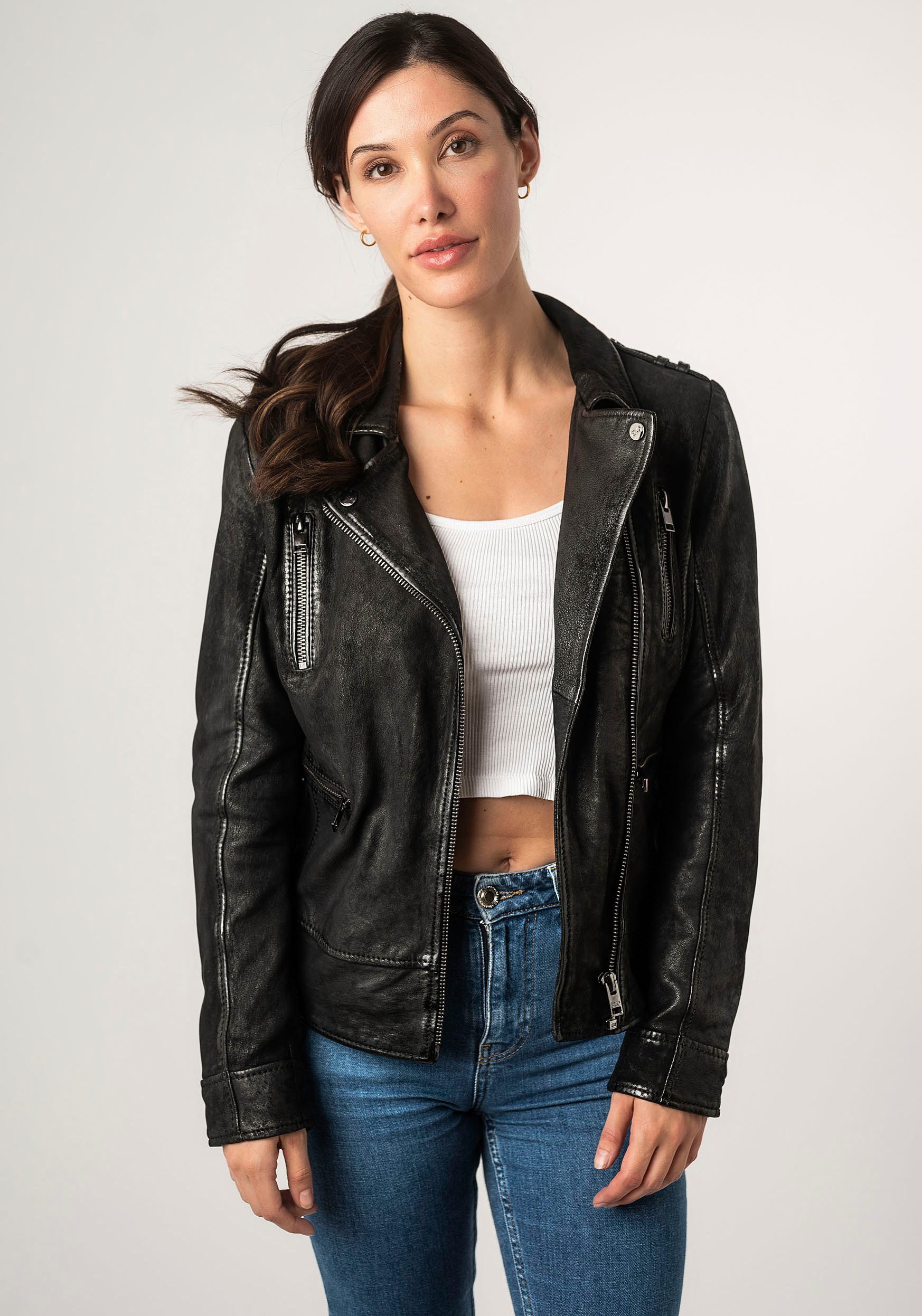 Mauritius Leren jack 2Wtashi met schouderflappen, met studs, met ritszakken