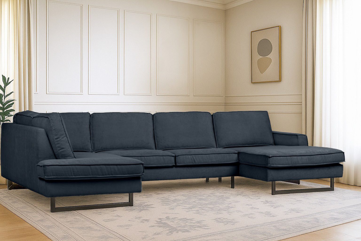 Places of Style Zithoek Pinto, 350 cm, U-vorm, XXL, met ottomanen Cord, chenille, leerlook, met bies, metalen voeten, golfondersteuning