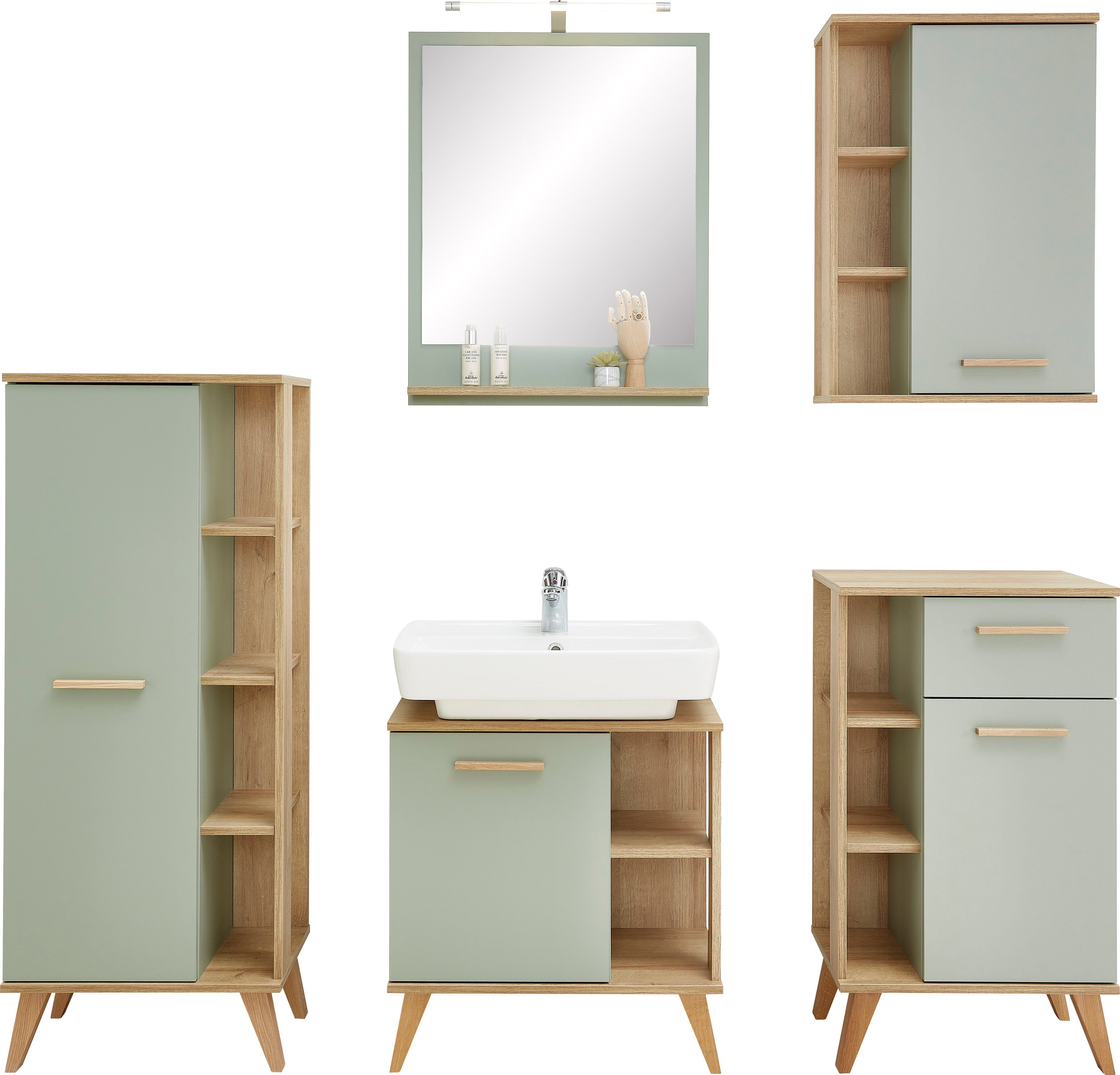 Saphir Badkamerserie Quickset 5-delig, wastafelonderkast met led-spiegel Onderkast, hangkast, midikast, incl. deurdemper, 4 deuren (5-delig)