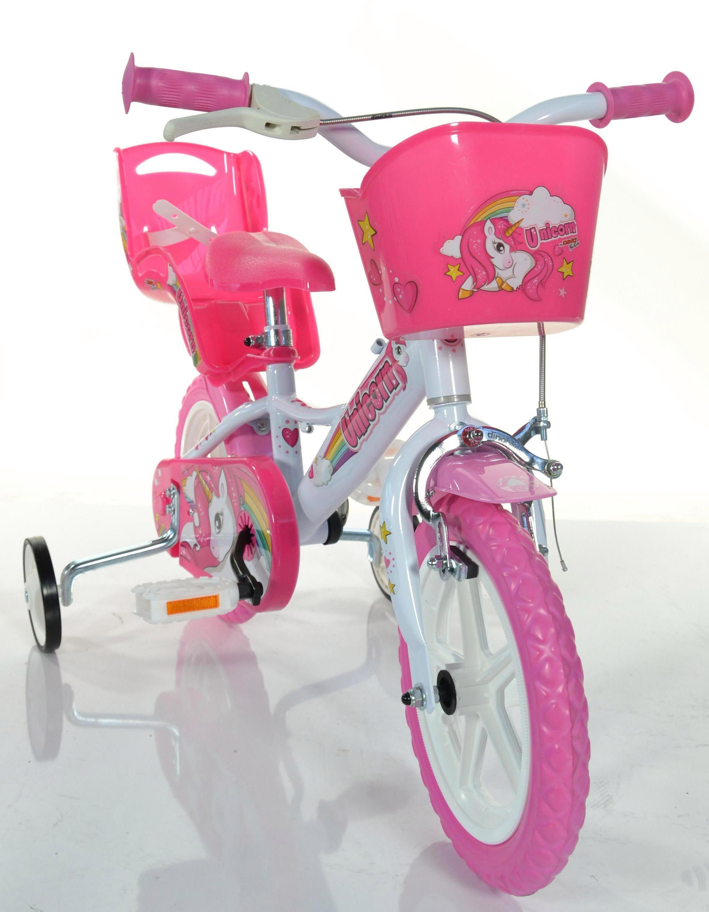 Dino Kinderfiets Unicorn Eenhoorn 12 inch met zijwieltjes, mand en poppenzitje