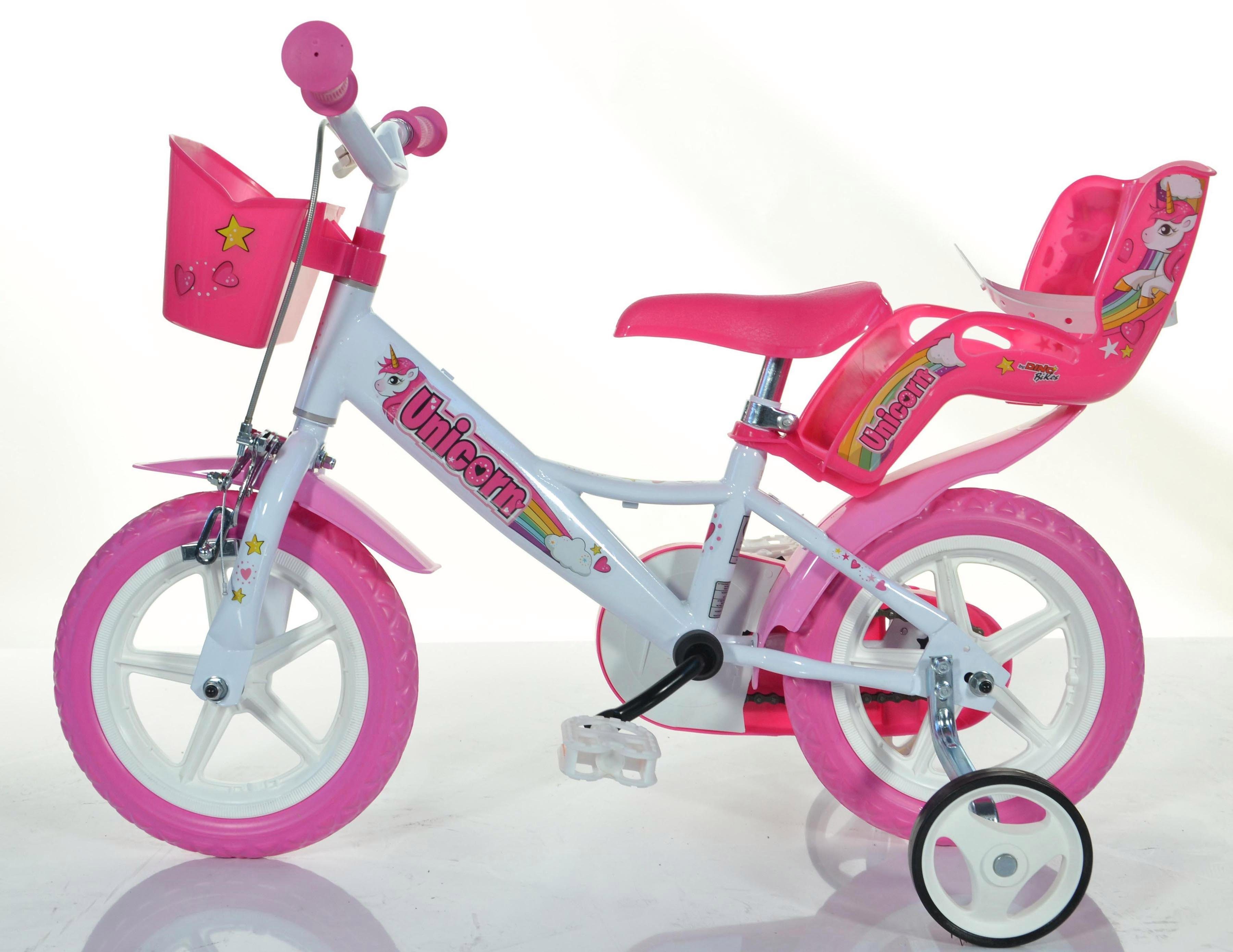 Dino Kinderfiets Unicorn Eenhoorn 12 inch met zijwieltjes, mand en poppenzitje