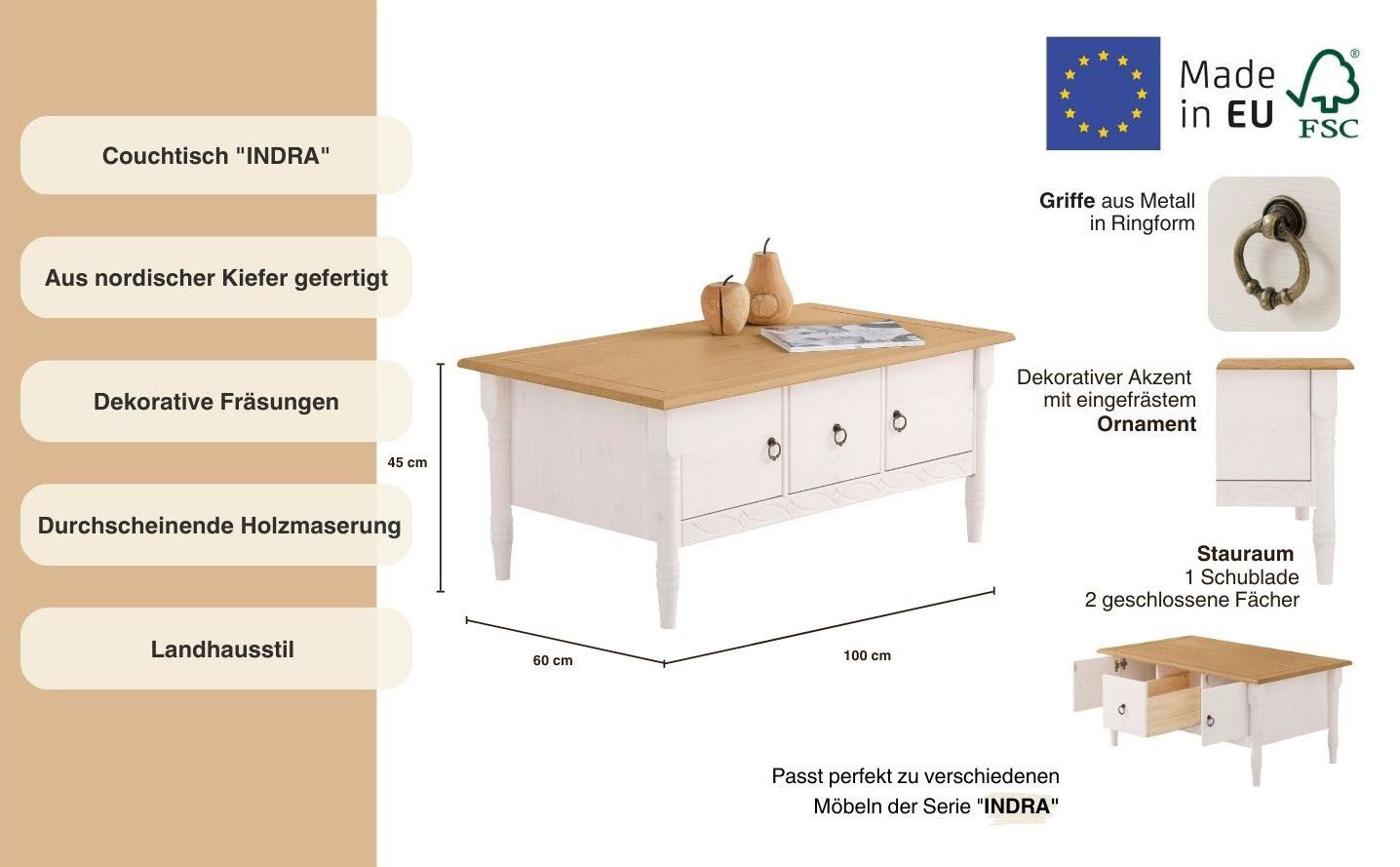 Home affaire Salontafel Indra van massief dennenhout, fsc®, met opbergruimte, discreet ornament