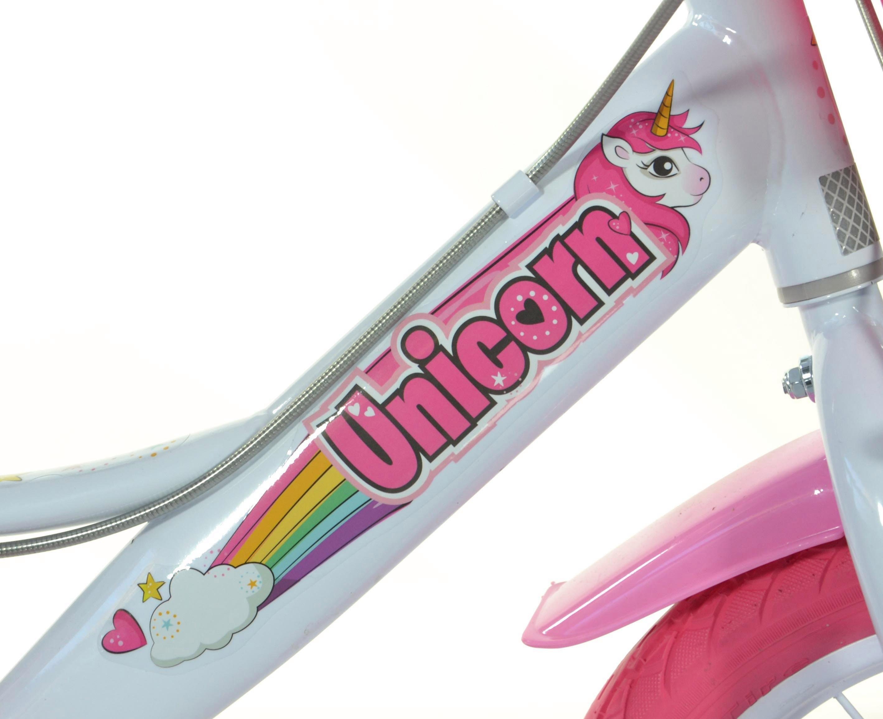 Dino Kinderfiets Unicorn Eenhoorn met zijwieltjes, mand en poppenzitje