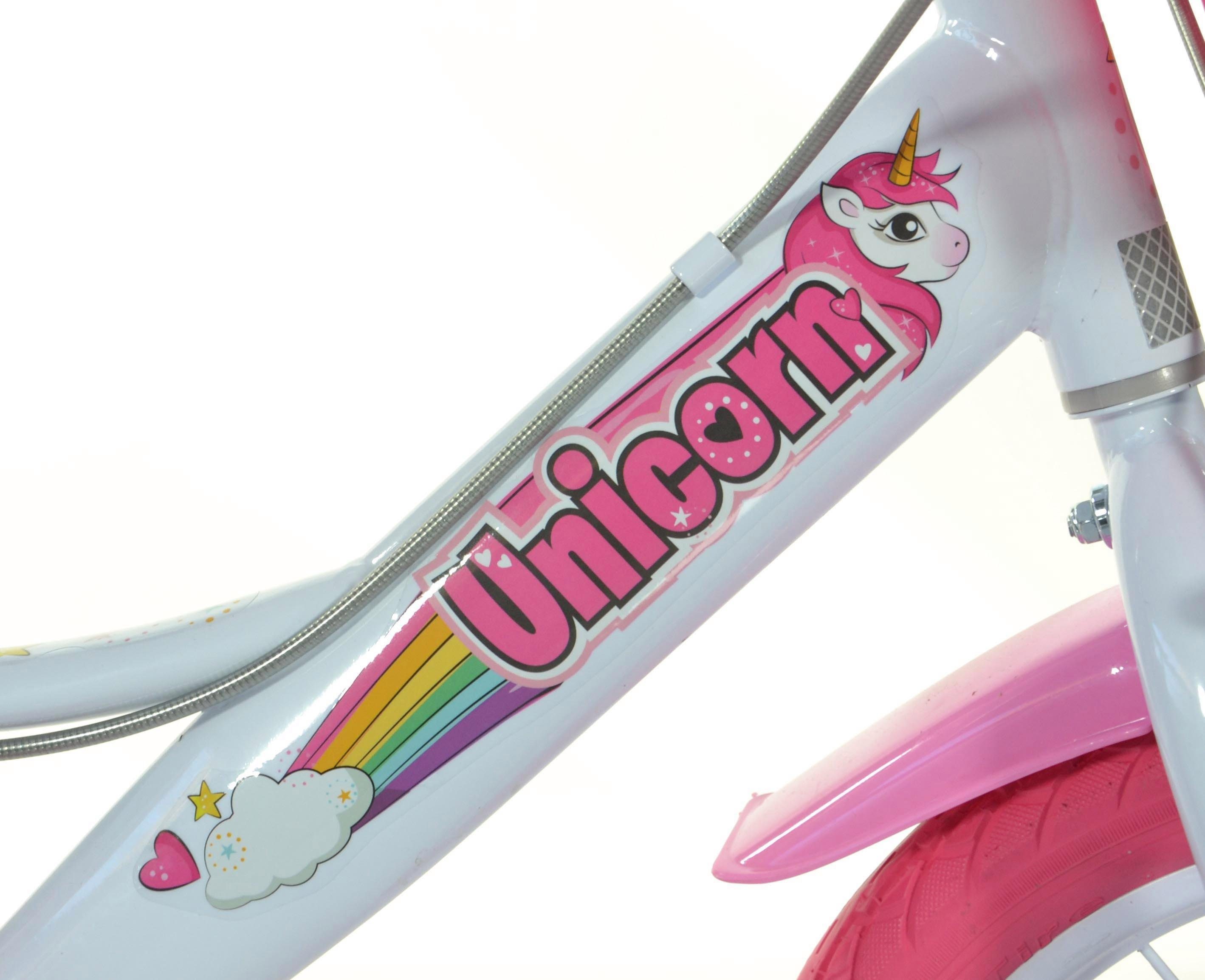 Dino Kinderfiets Unicorn Eenhoorn 12 inch met zijwieltjes, mand en poppenzitje