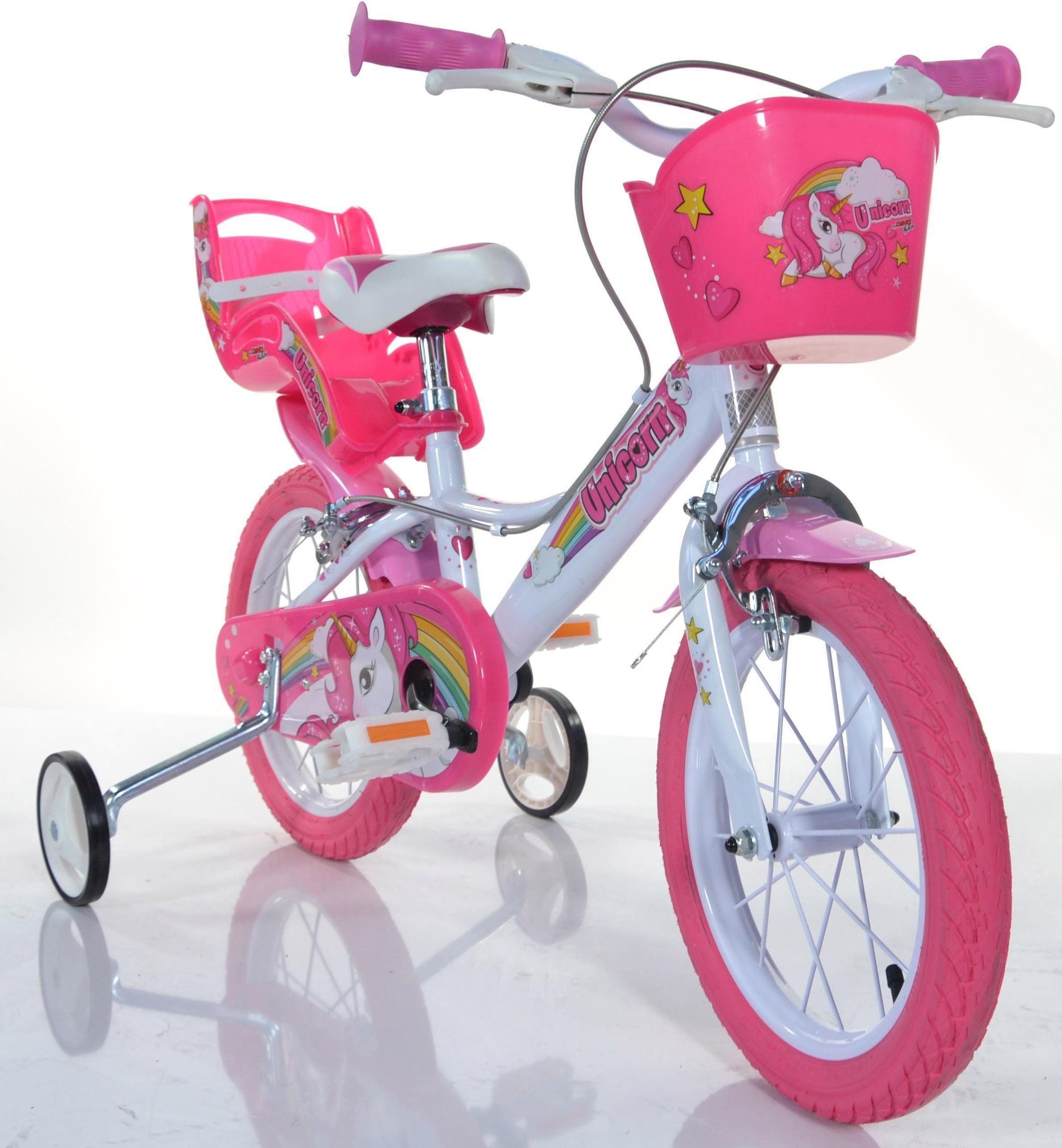Dino Kinderfiets Unicorn Eenhoorn met zijwieltjes, mand en poppenzitje