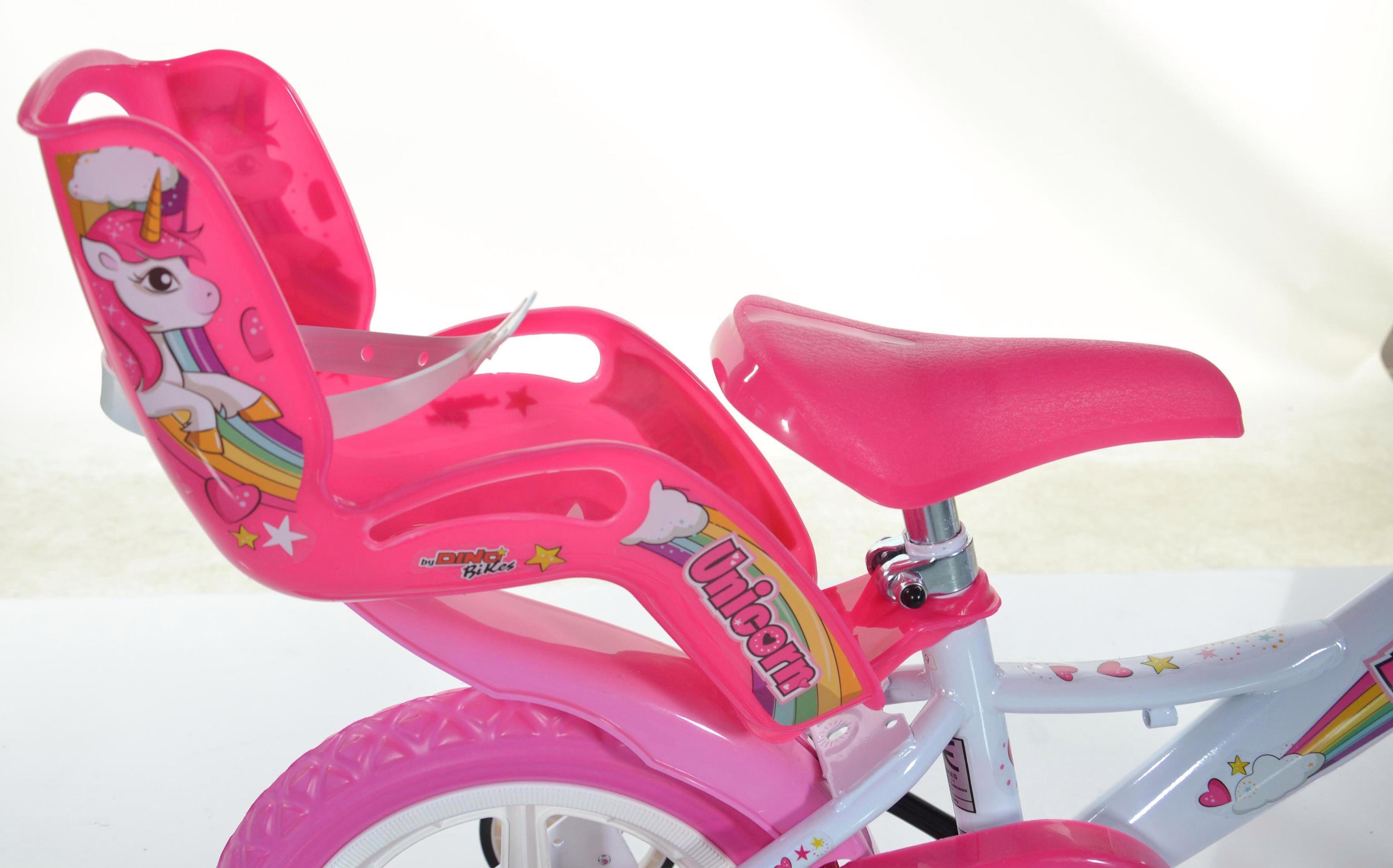 Dino Kinderfiets Unicorn Eenhoorn 12 inch met zijwieltjes, mand en poppenzitje