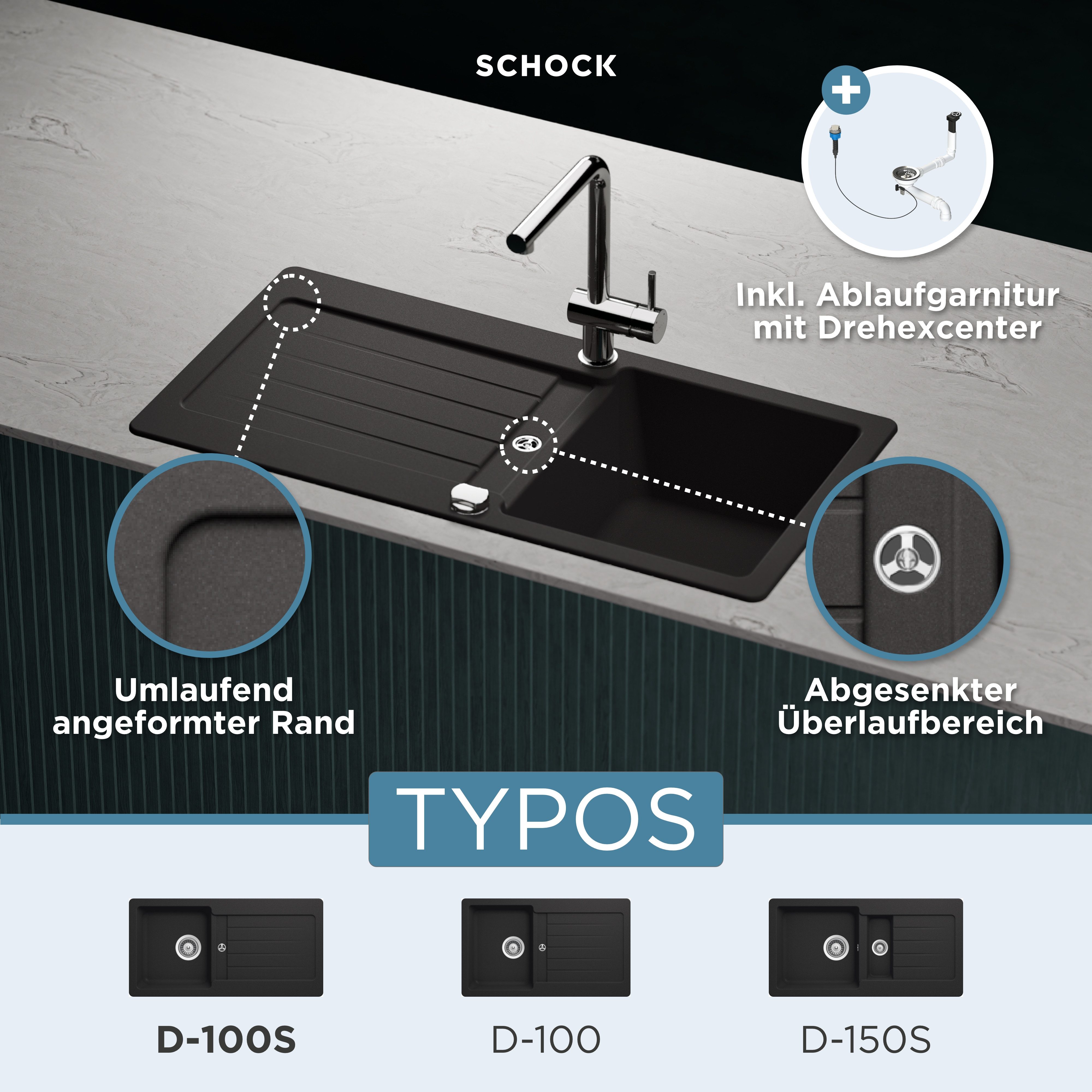 Schock Granieten spoelbak Typos D-100 S met afvoer en druppelzone, links en rechts in te bouwen
