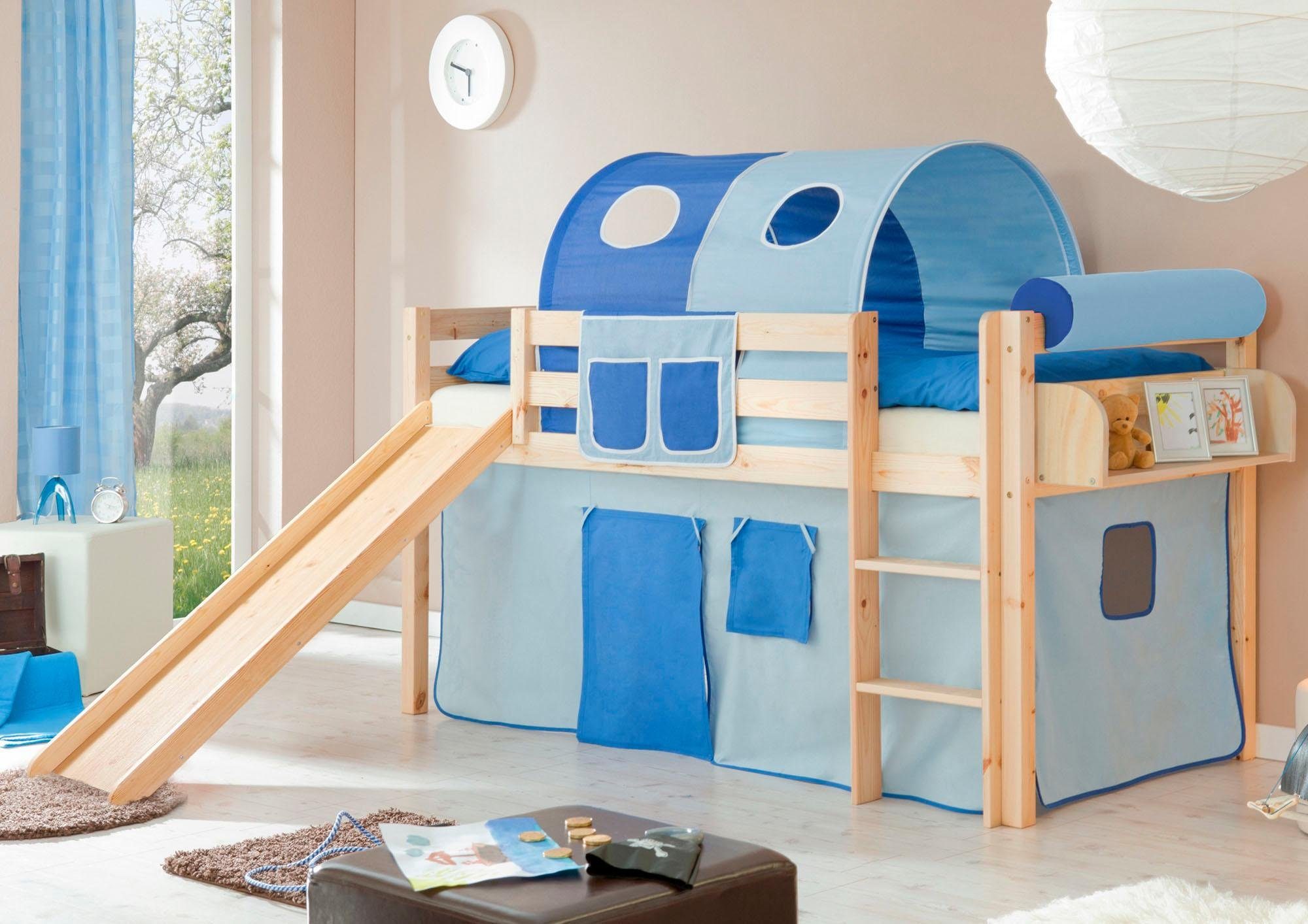 Ticaa Hoogslaper Manuel Rolbodem en textielset naar keuze met matras, massief grenen naturel hoogslapers blauw