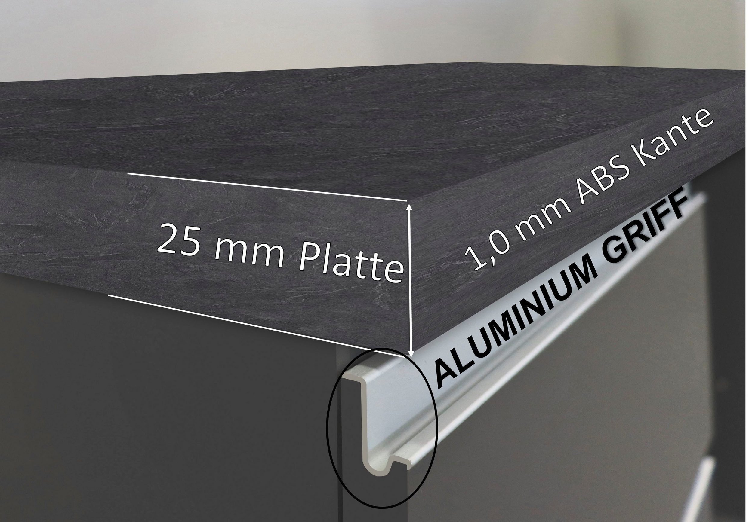 Kochstation Kookeiland Sole, kookeiland, keukenwerkblok, eilandkeuken, werk-eiland Breedte 200 cm met 4 deuren, 4 vakken, werkblad, aluminium handgreep