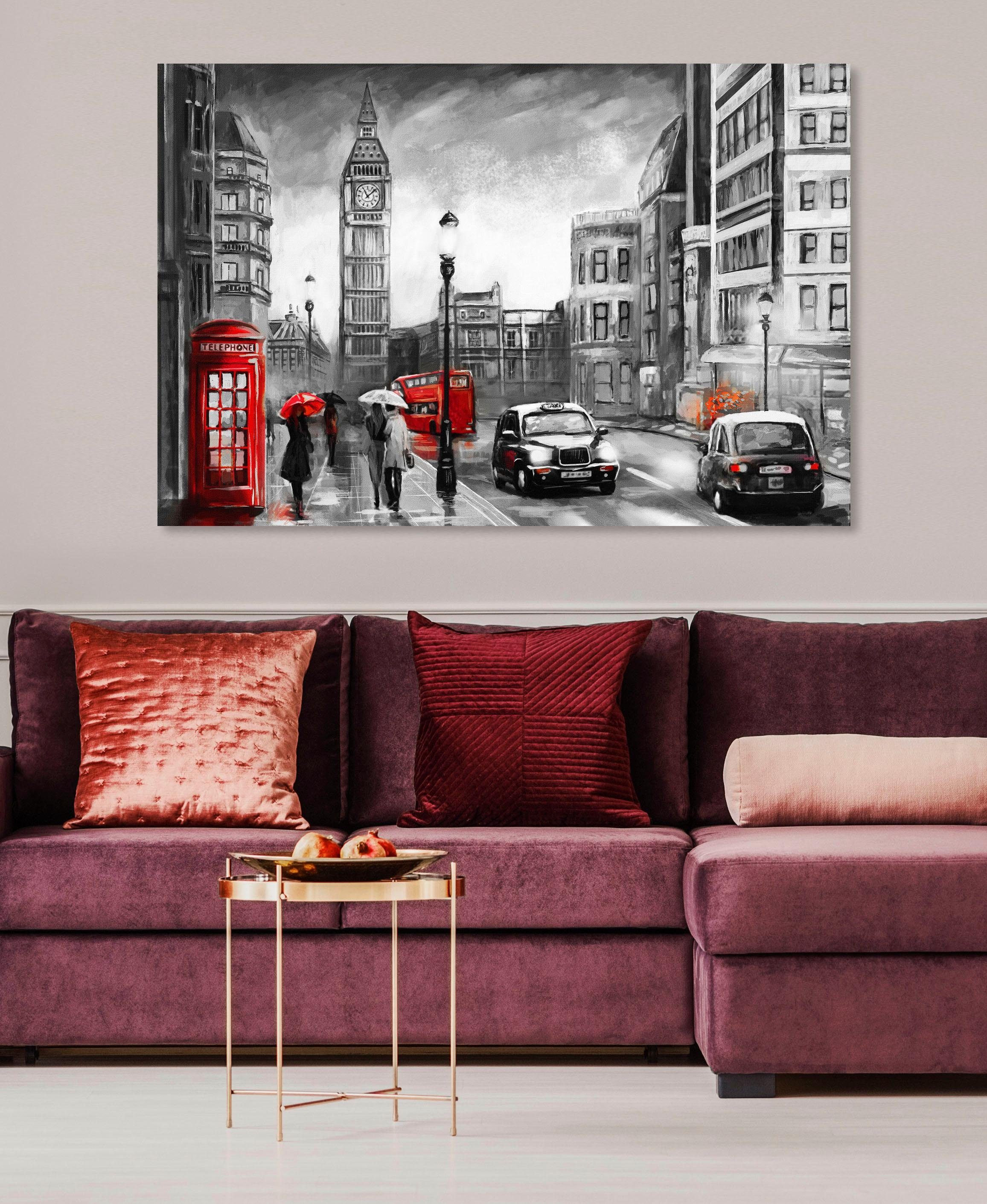 Places of Style Artprint op linnen Londen Premium canvasstof, handgemaakt in Duitsland, 90x60cm