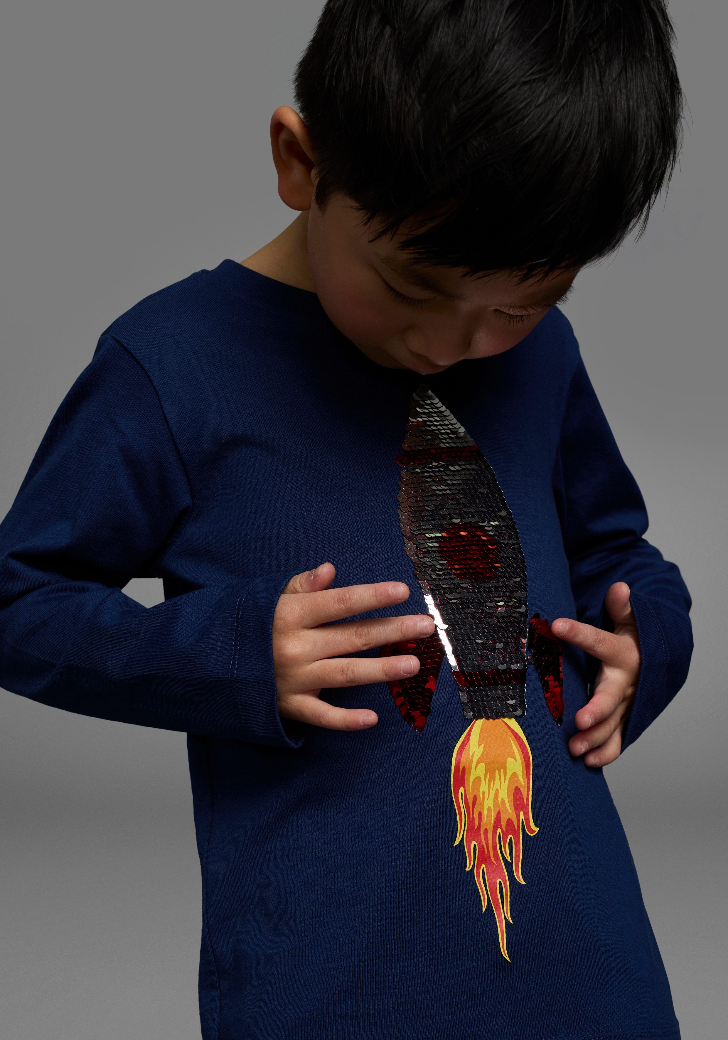 KIDSWORLD Shirt met lange mouwen Raket van omkeerbare pailletten lange mouwen, basic pasvorm, van jersey stof, van katoen