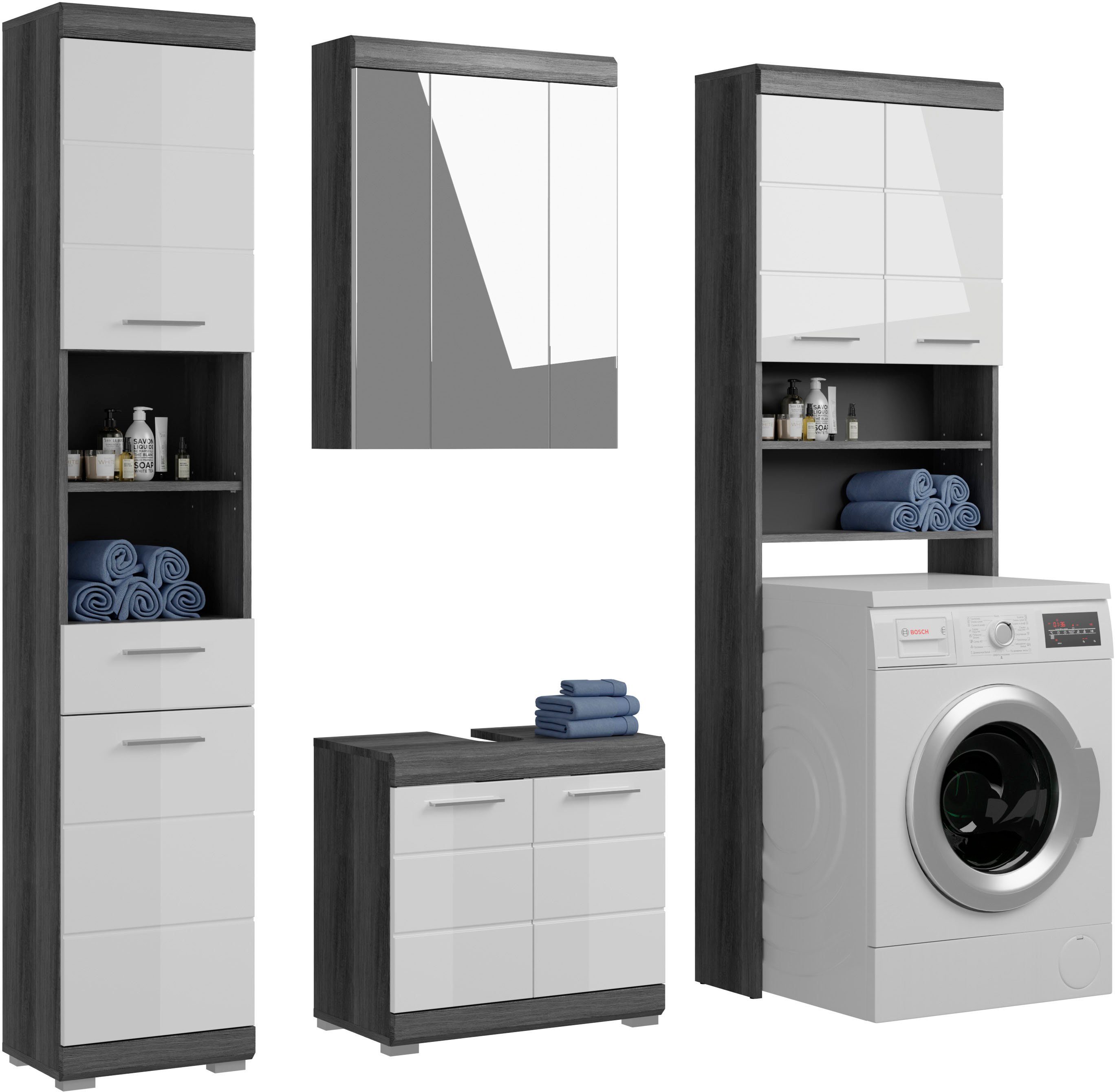 inosign badkamerserie siena hoge kast, spiegelkast, wastafelkast, wasmachine-ombouw (set, 4-delig) grijs