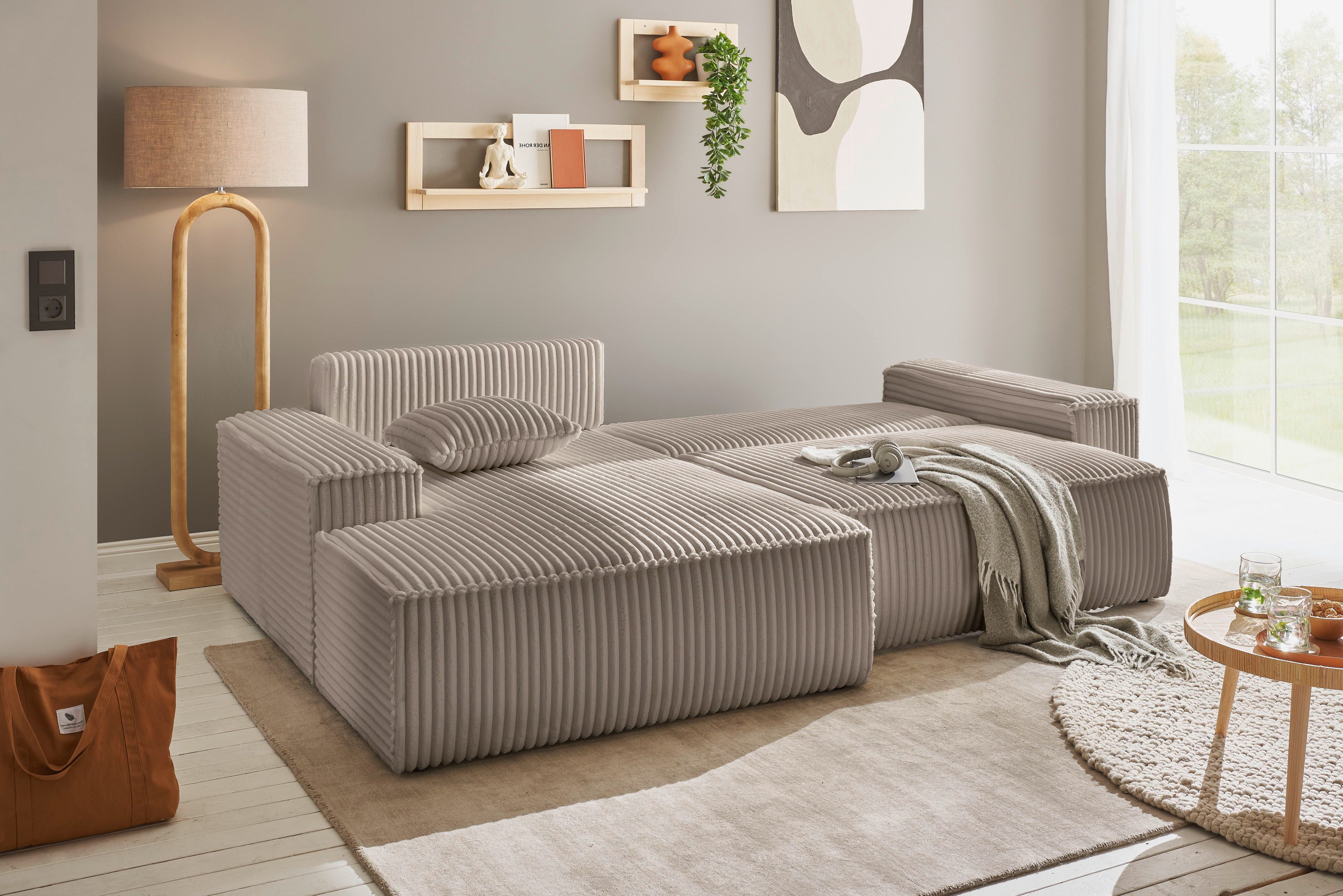andas Hoekbank Finnley slaapbank 267 cm in Bouclé, fijne structuur en cord, L-vorm